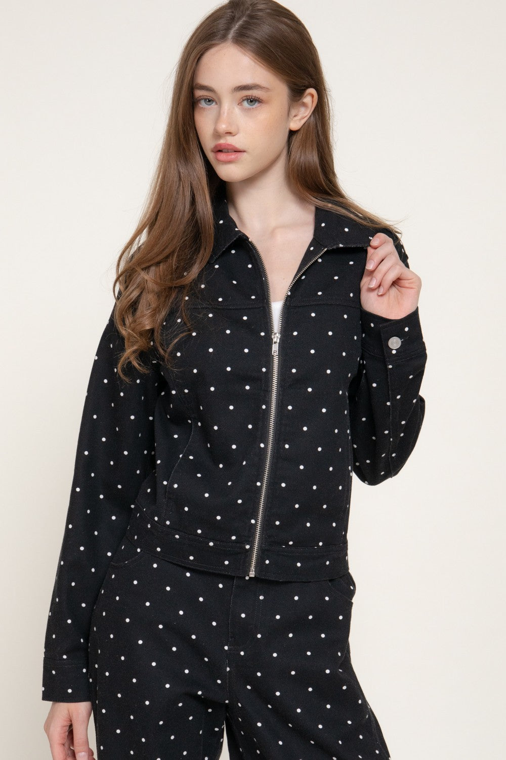 Long Slv Dot Print Cotton Twill Jacket
