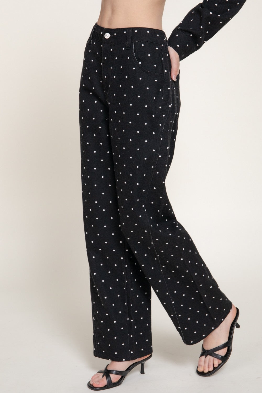 Dot Print Cotton Twill Wide Long Pants