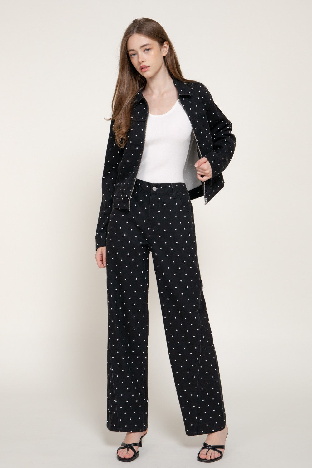 Dot Print Cotton Twill Wide Long Pants