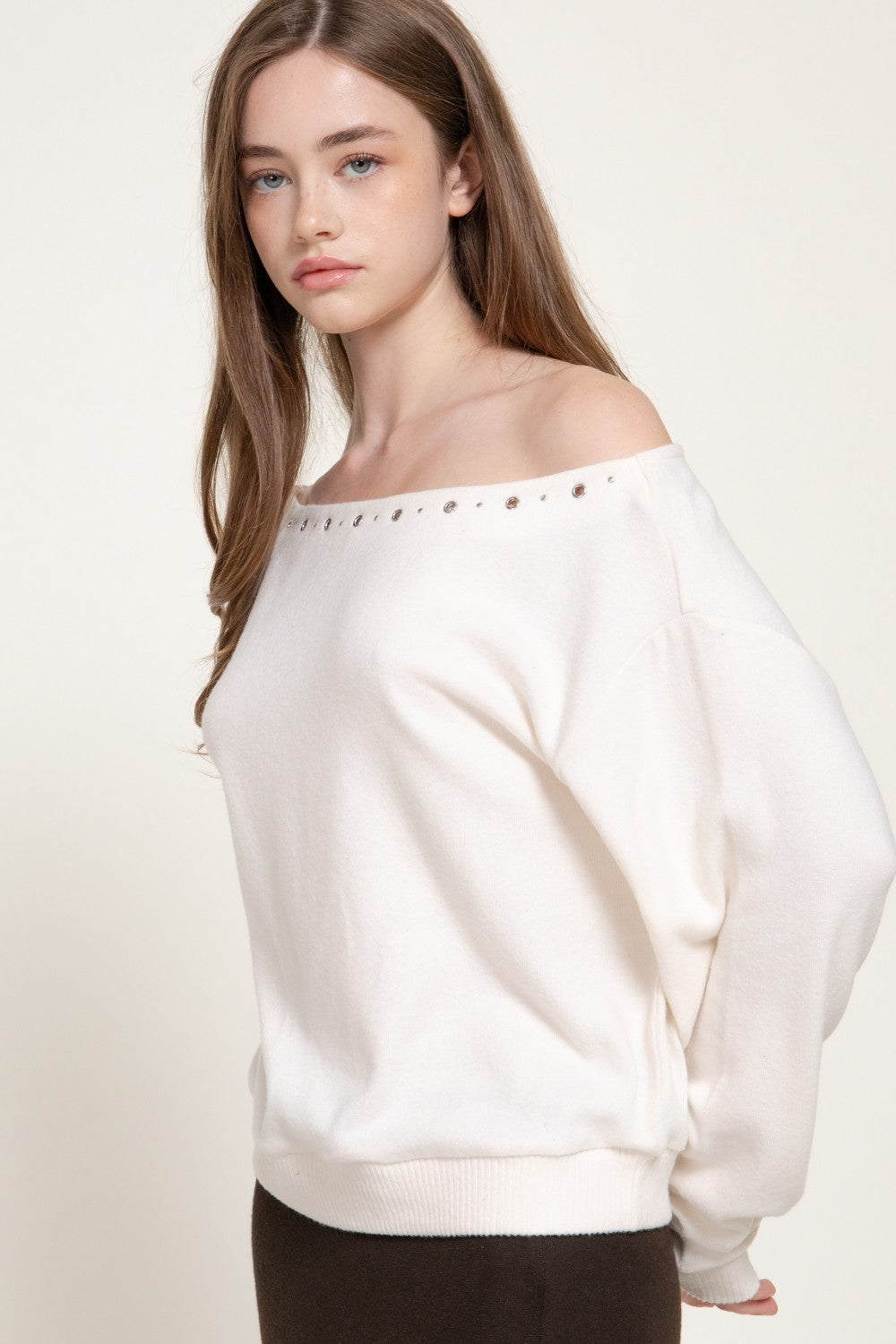 Long Slv Boat Neck Brushed Knit Top