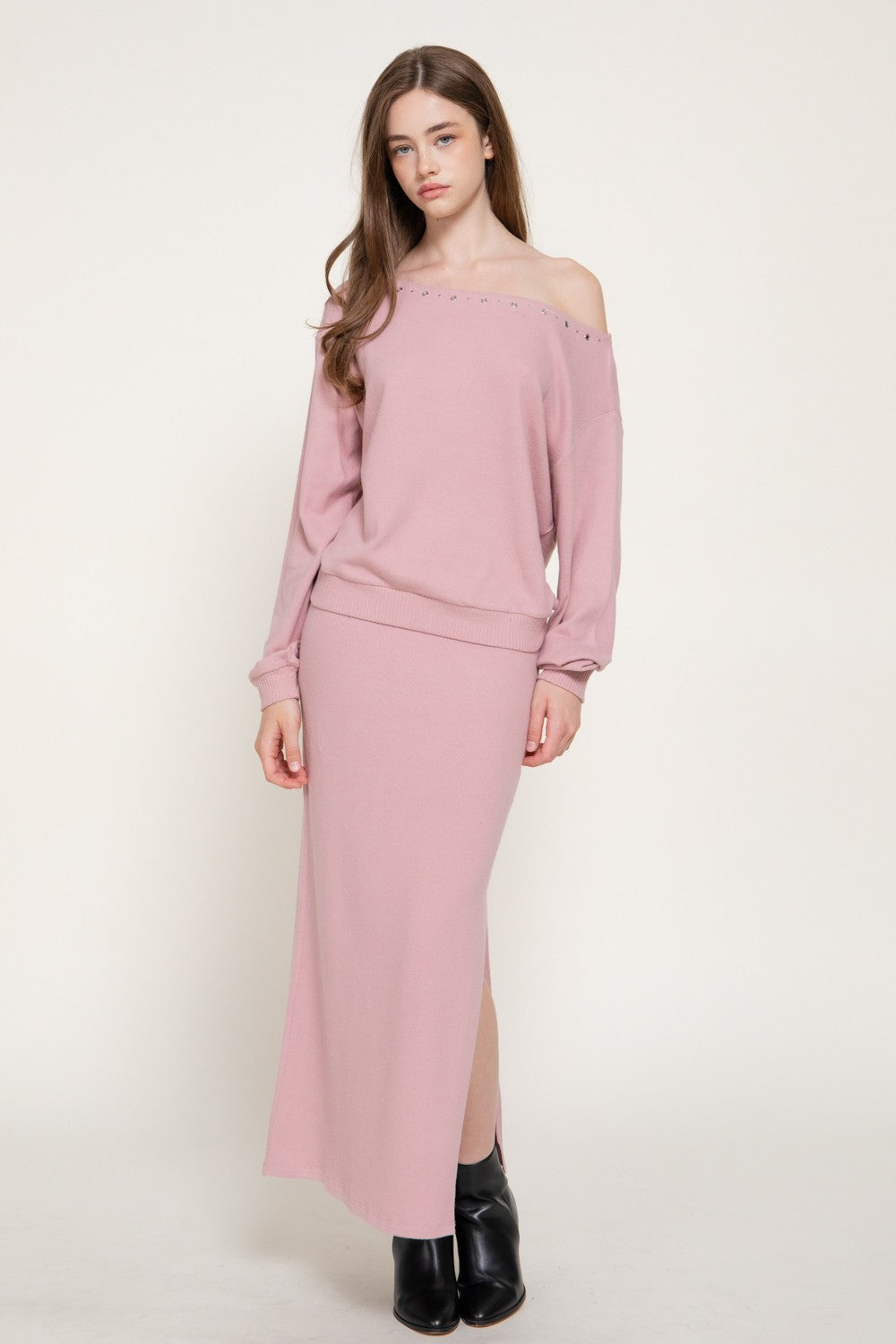 Long Slv Boat Neck Brushed Knit Top