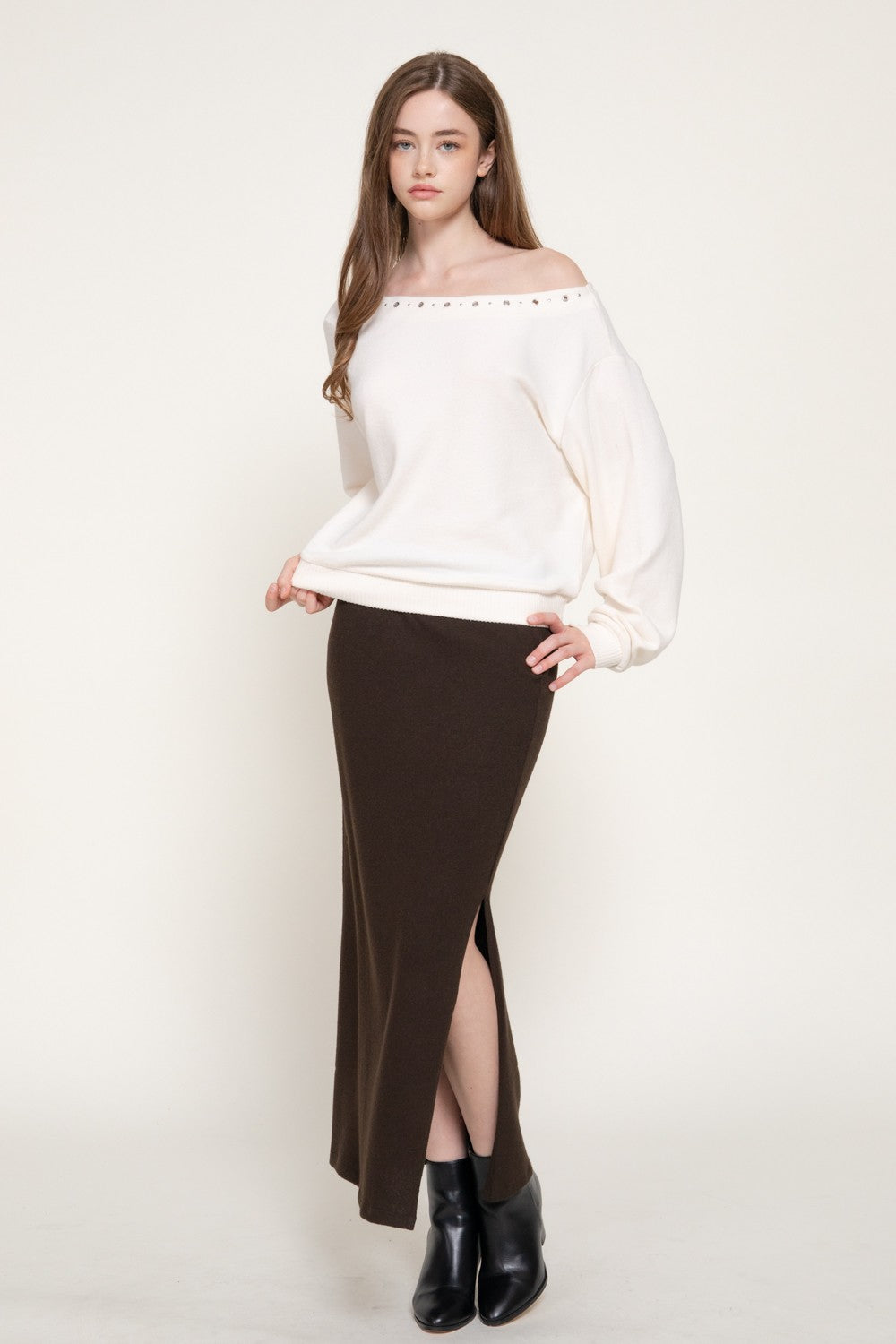 Long Slv Boat Neck Brushed Knit Top