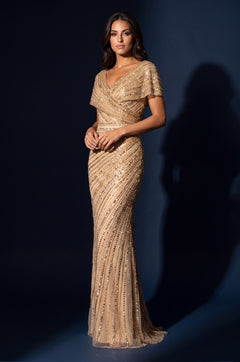 Beaded V-neck Cap Sleeve Mermaid Gown
