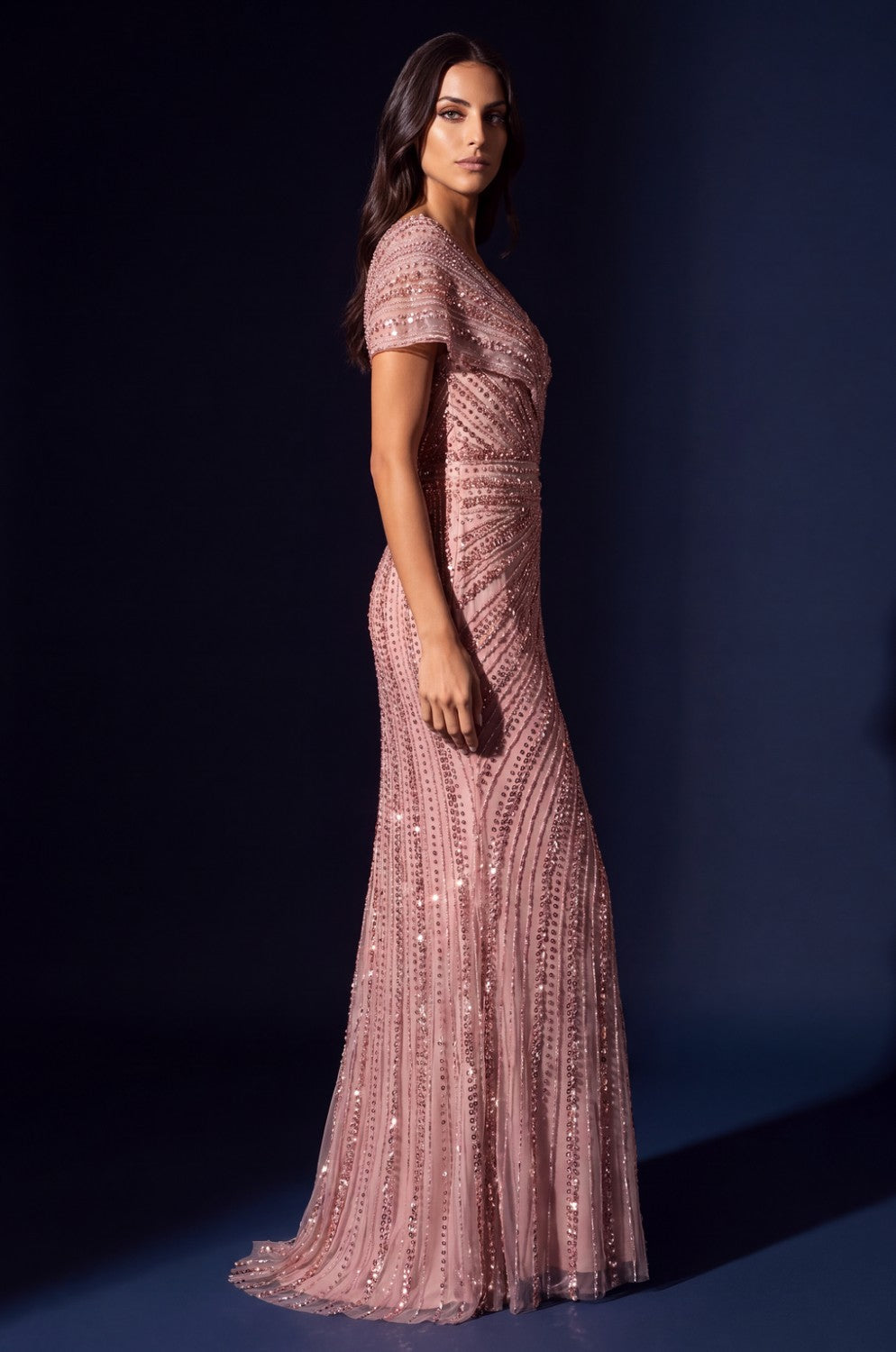 Beaded V-neck Cap Sleeve Mermaid Gown