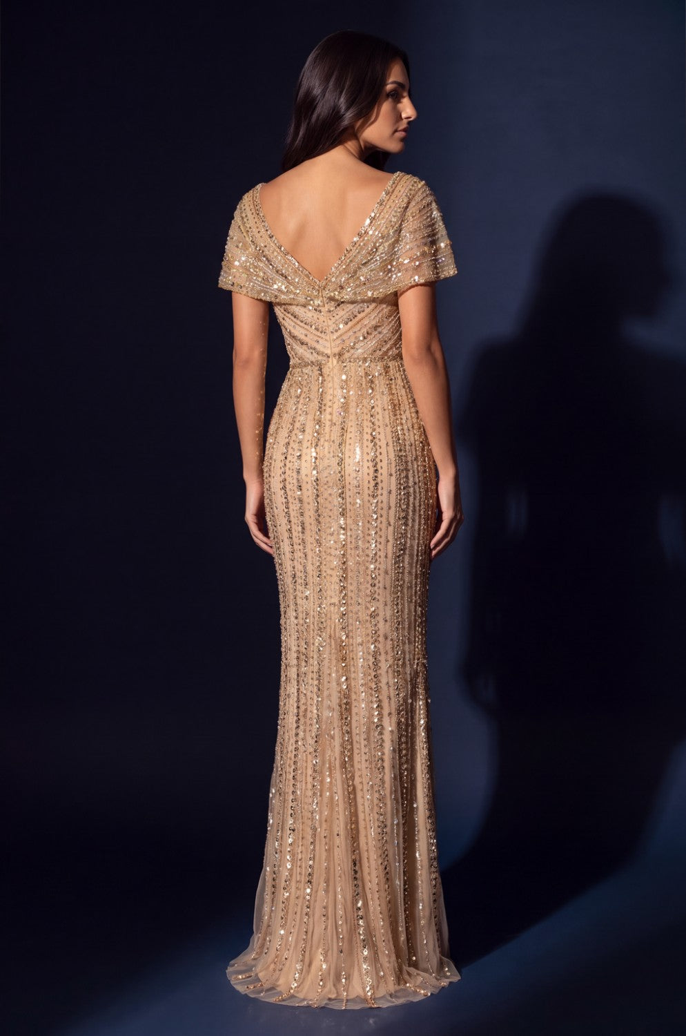 Beaded V-neck Cap Sleeve Mermaid Gown