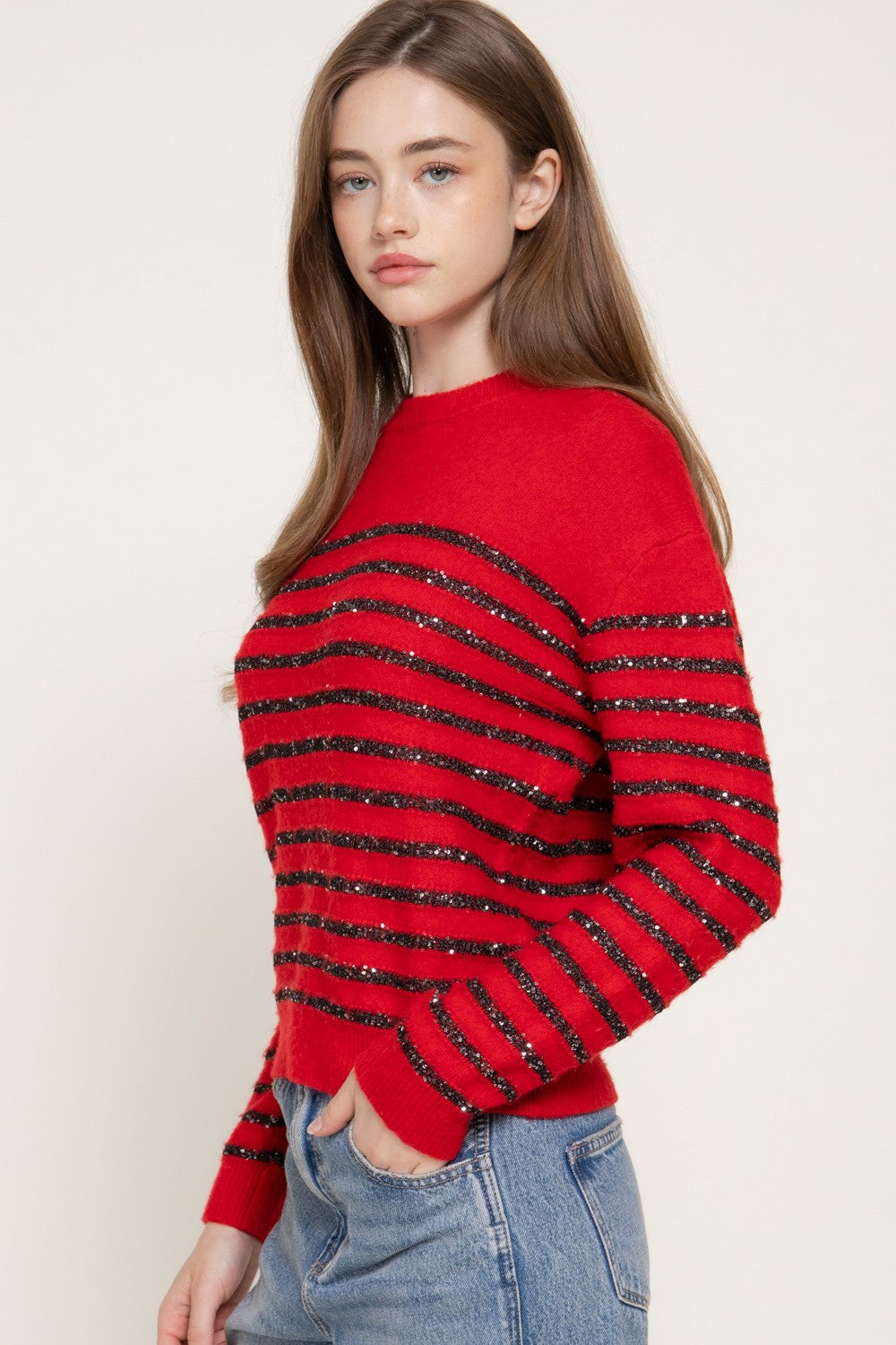 Long Slv Crew Neck Stripe Sequins Sweater