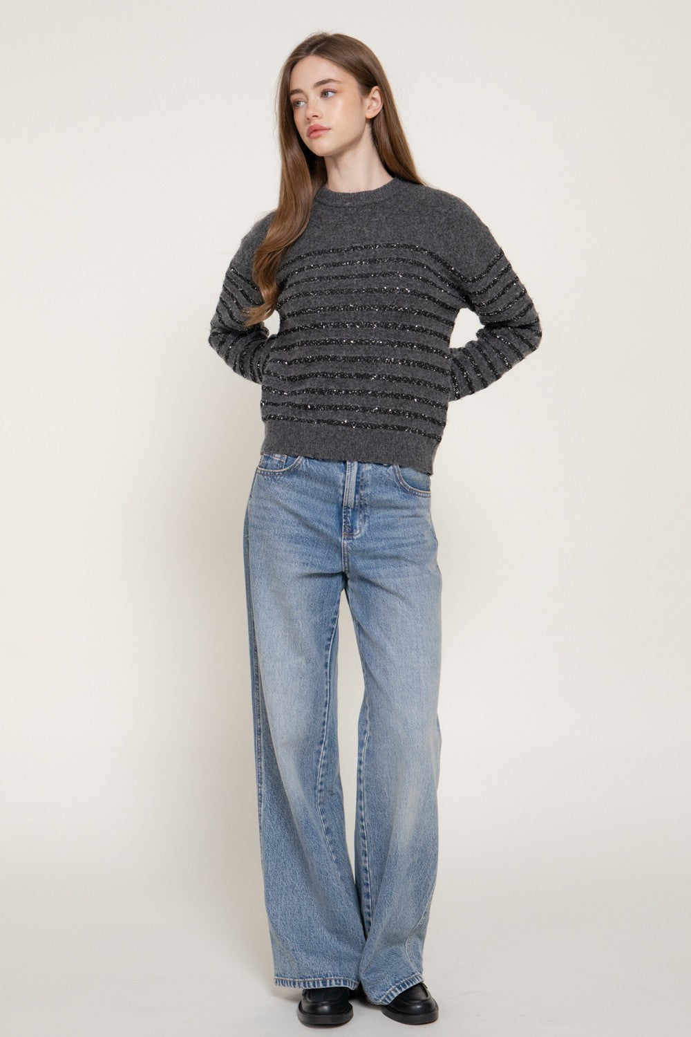 Long Slv Crew Neck Stripe Sequins Sweater