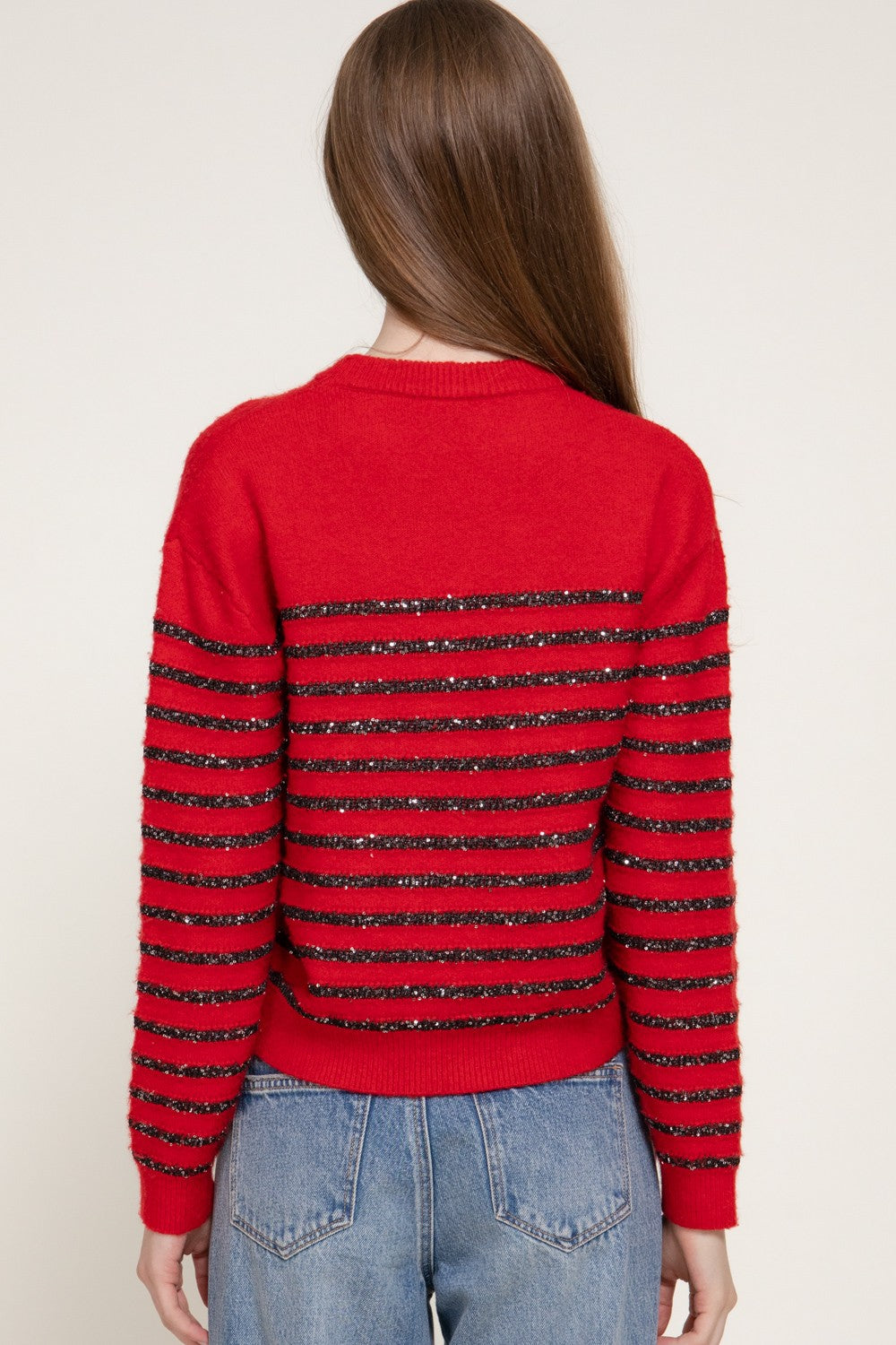 Long Slv Crew Neck Stripe Sequins Sweater