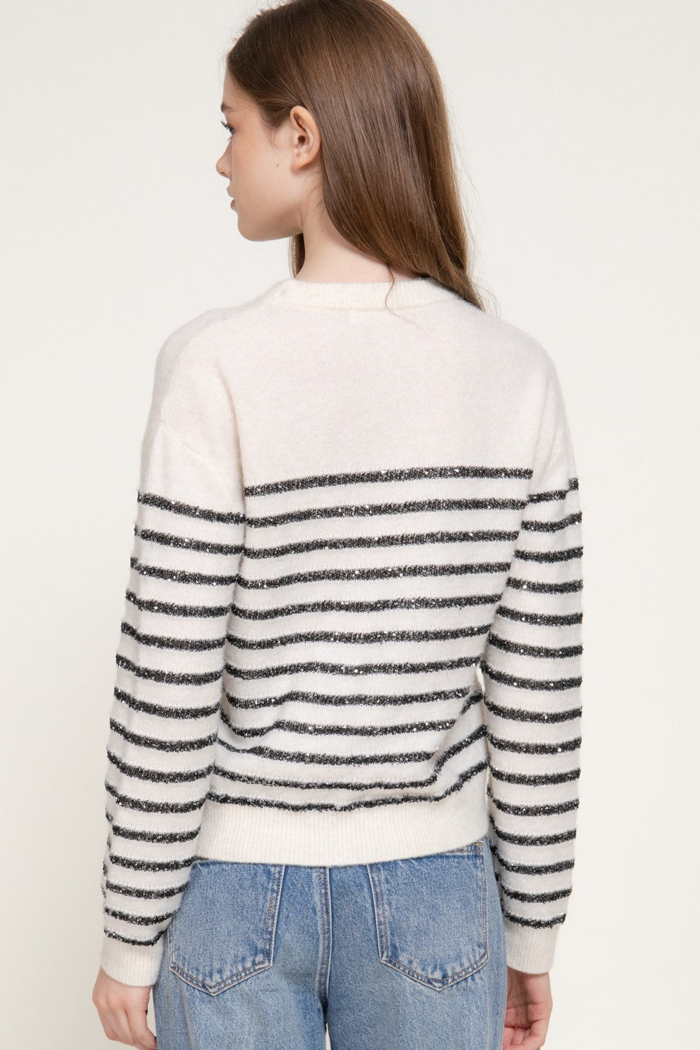 Long Slv Crew Neck Stripe Sequins Sweater
