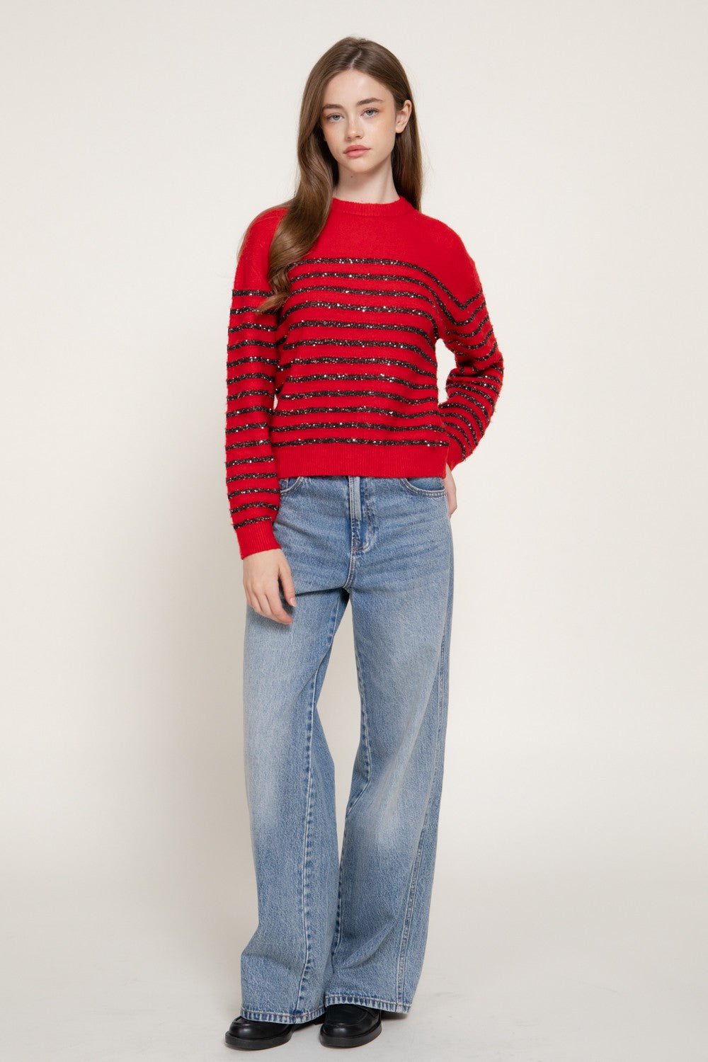 Long Slv Crew Neck Stripe Sequins Sweater