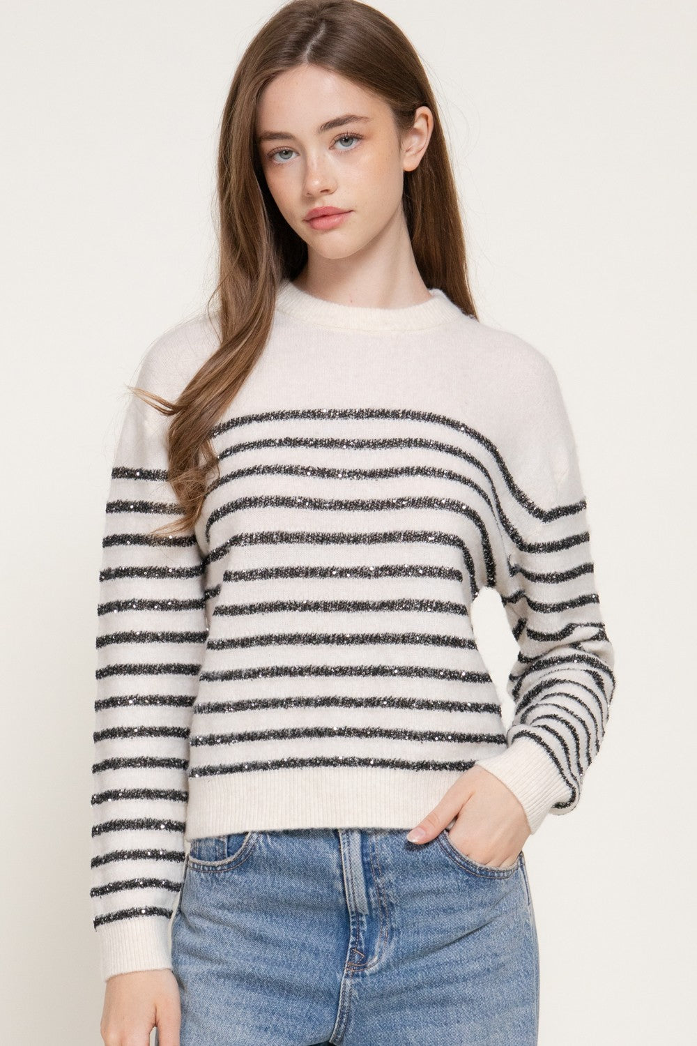 Long Slv Crew Neck Stripe Sequins Sweater