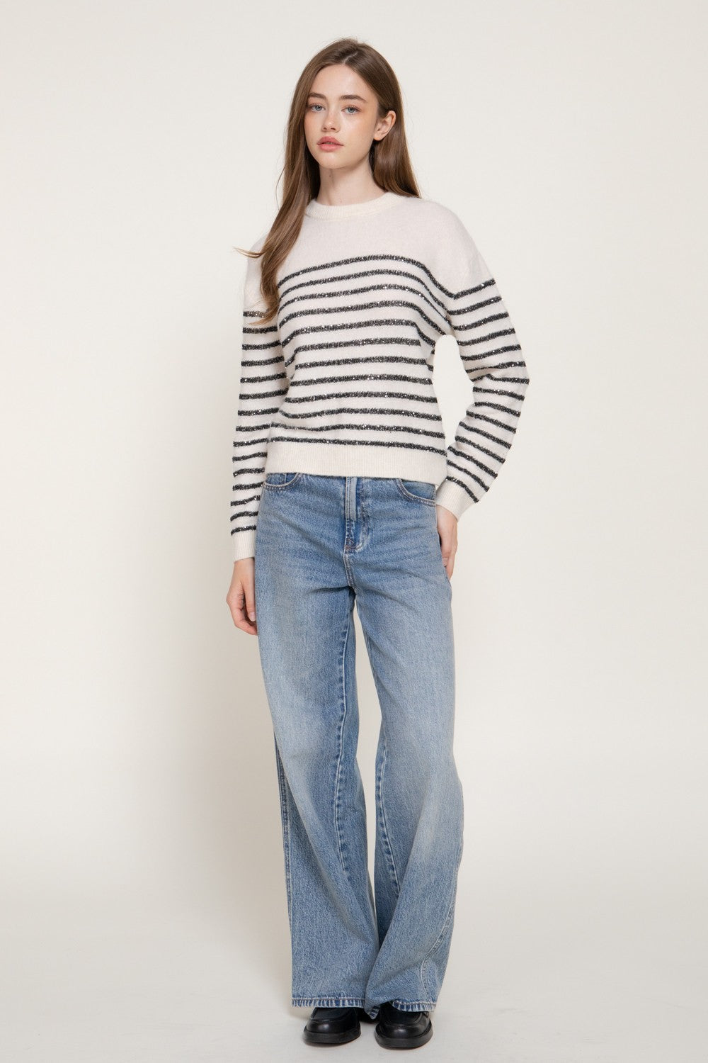 Long Slv Crew Neck Stripe Sequins Sweater