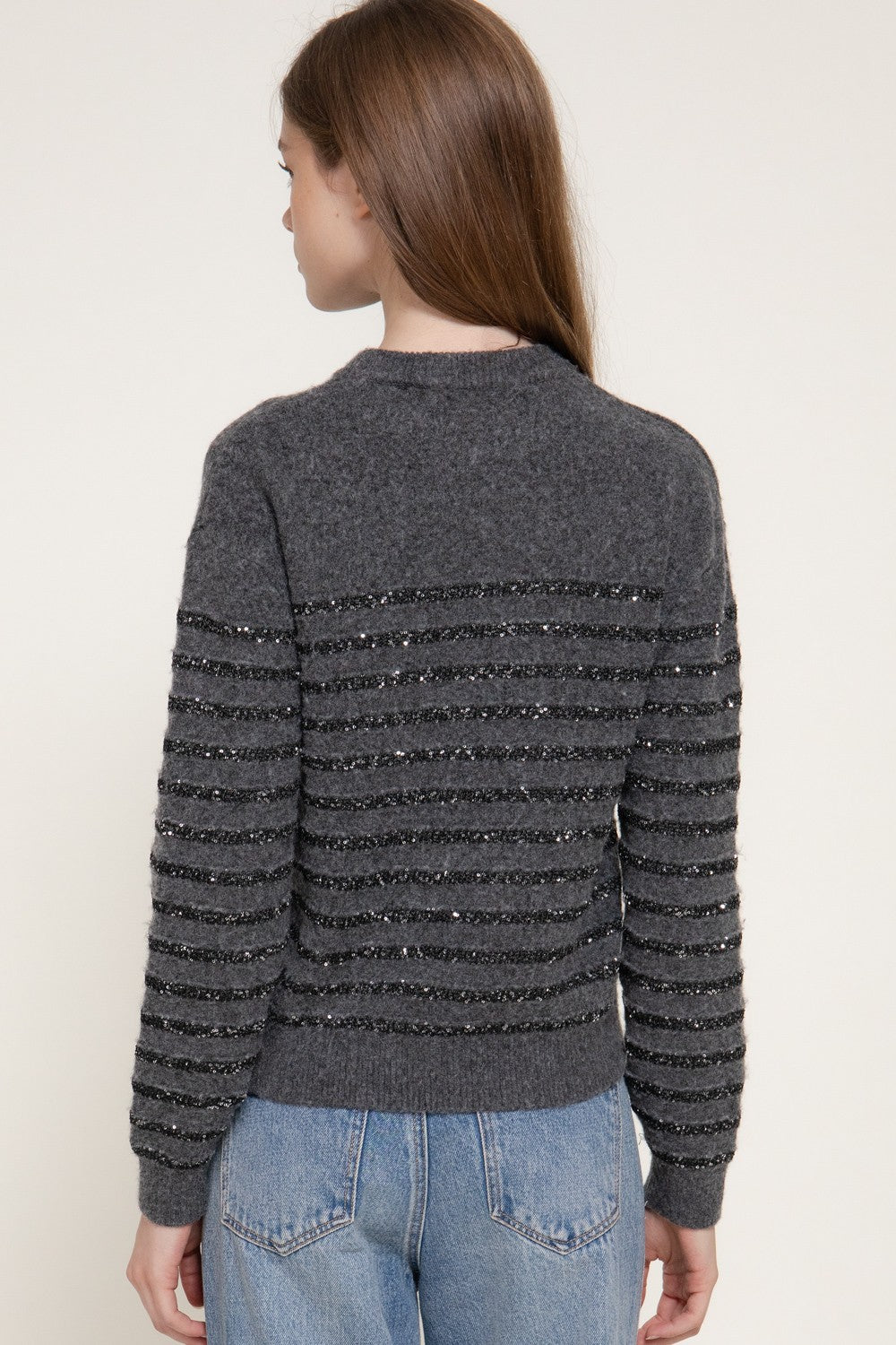 Long Slv Crew Neck Stripe Sequins Sweater
