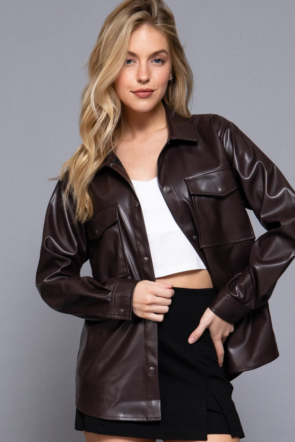 Long Slv Faux Leather Shacket