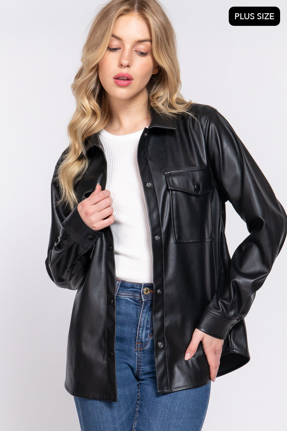 Long Slv Faux Leather Shacket