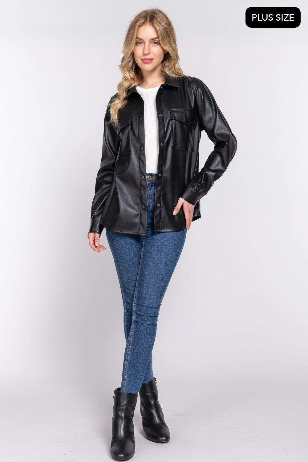 Long Slv Faux Leather Shacket