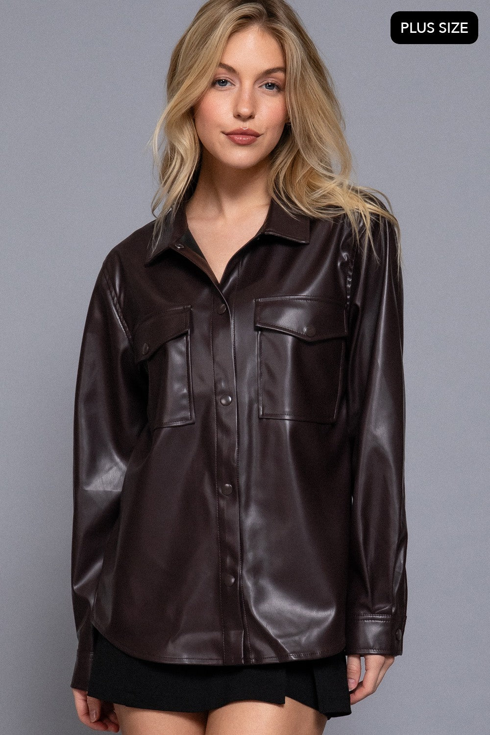 Long Slv Faux Leather Shacket