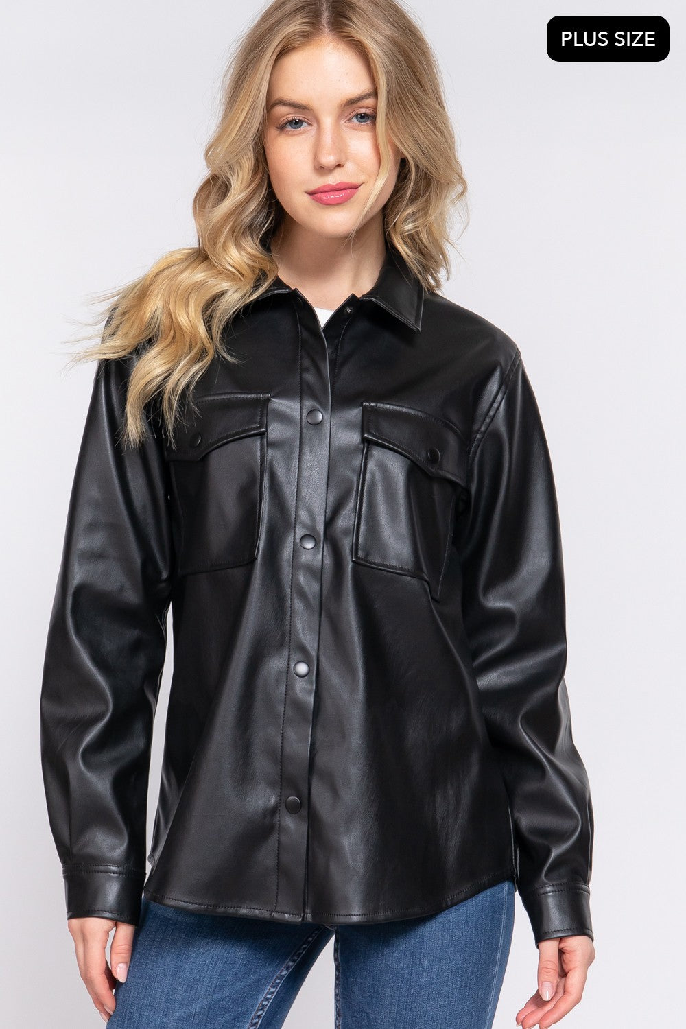 Long Slv Faux Leather Shacket