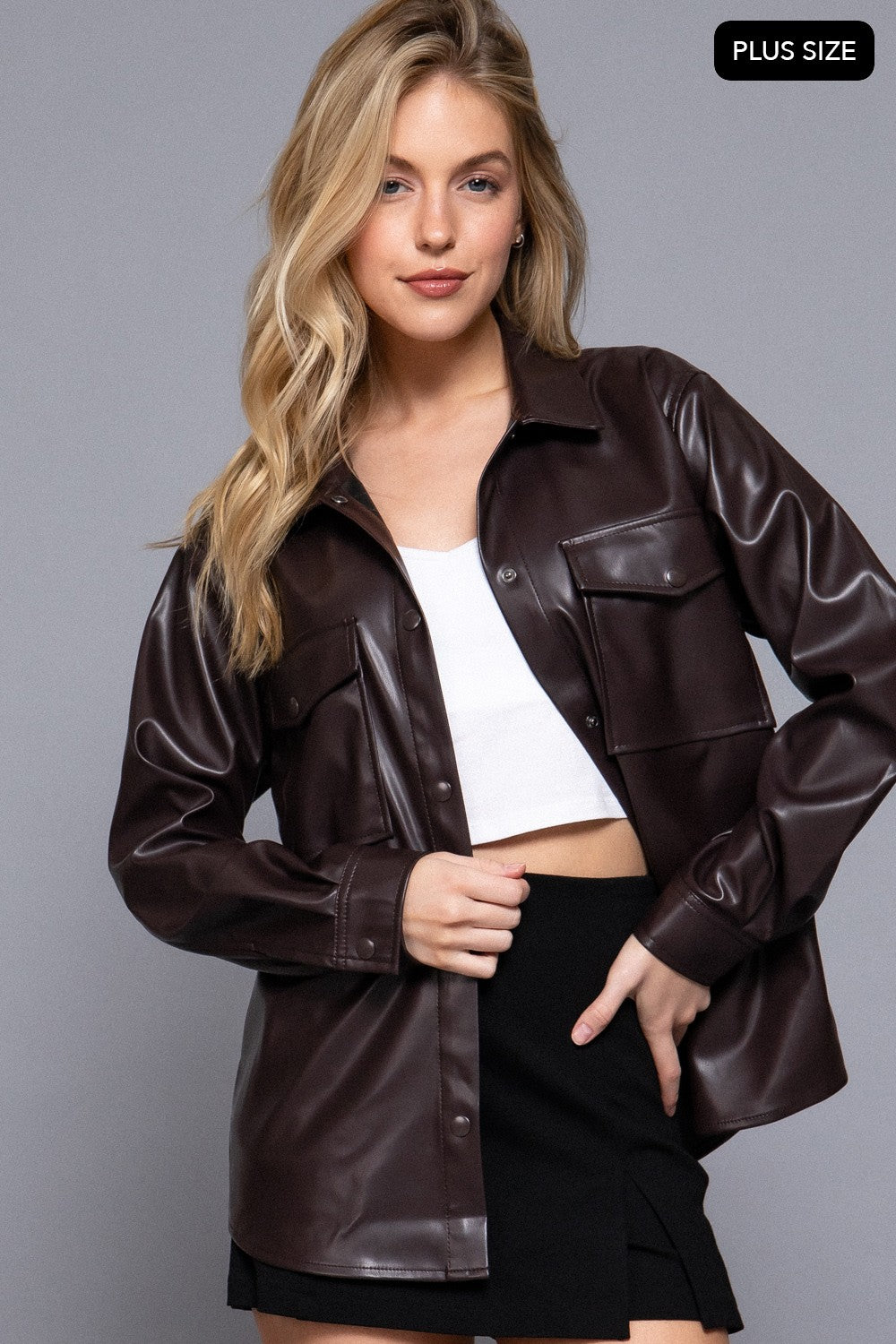 Long Slv Faux Leather Shacket