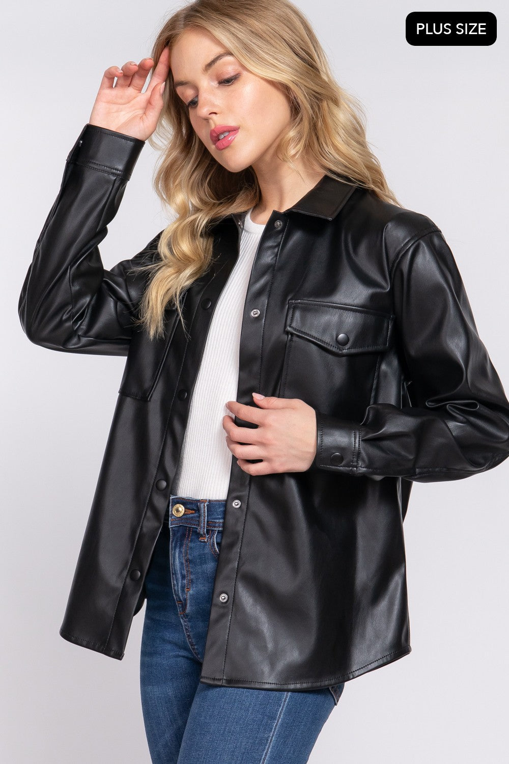 Long Slv Faux Leather Shacket