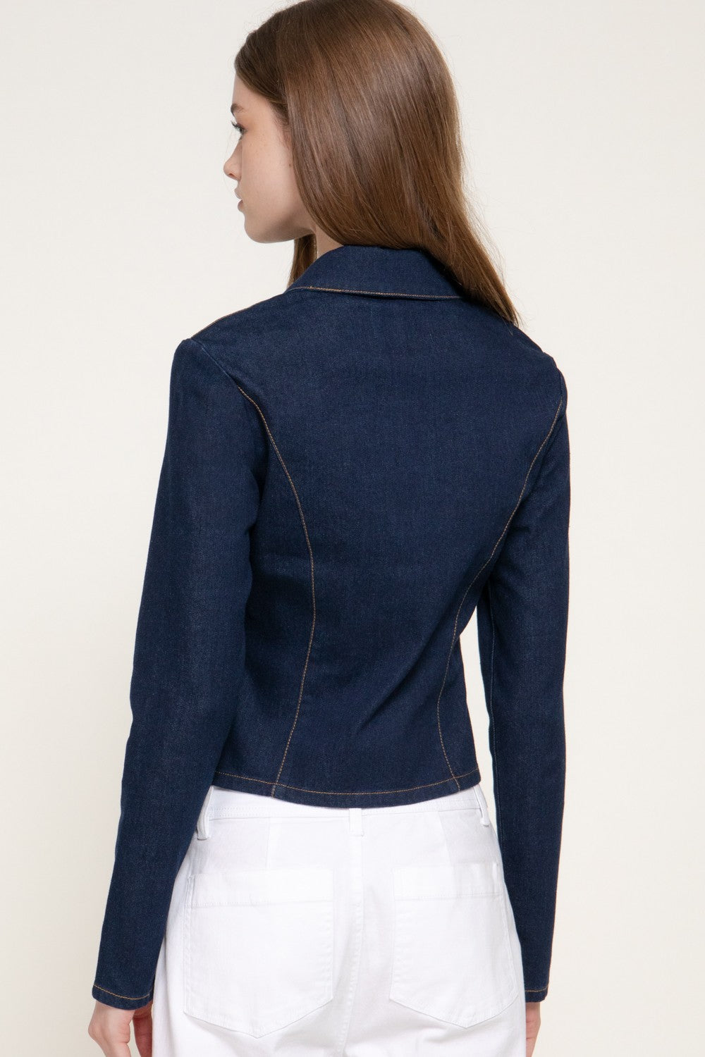 Long Slv Zip Front Stretch Denim Shacket