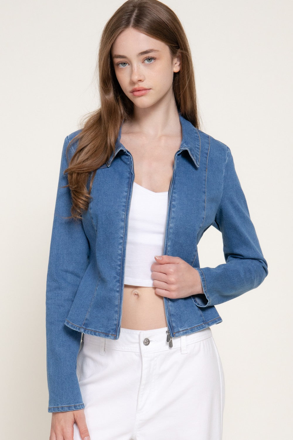 Long Slv Zip Front Stretch Denim Shacket