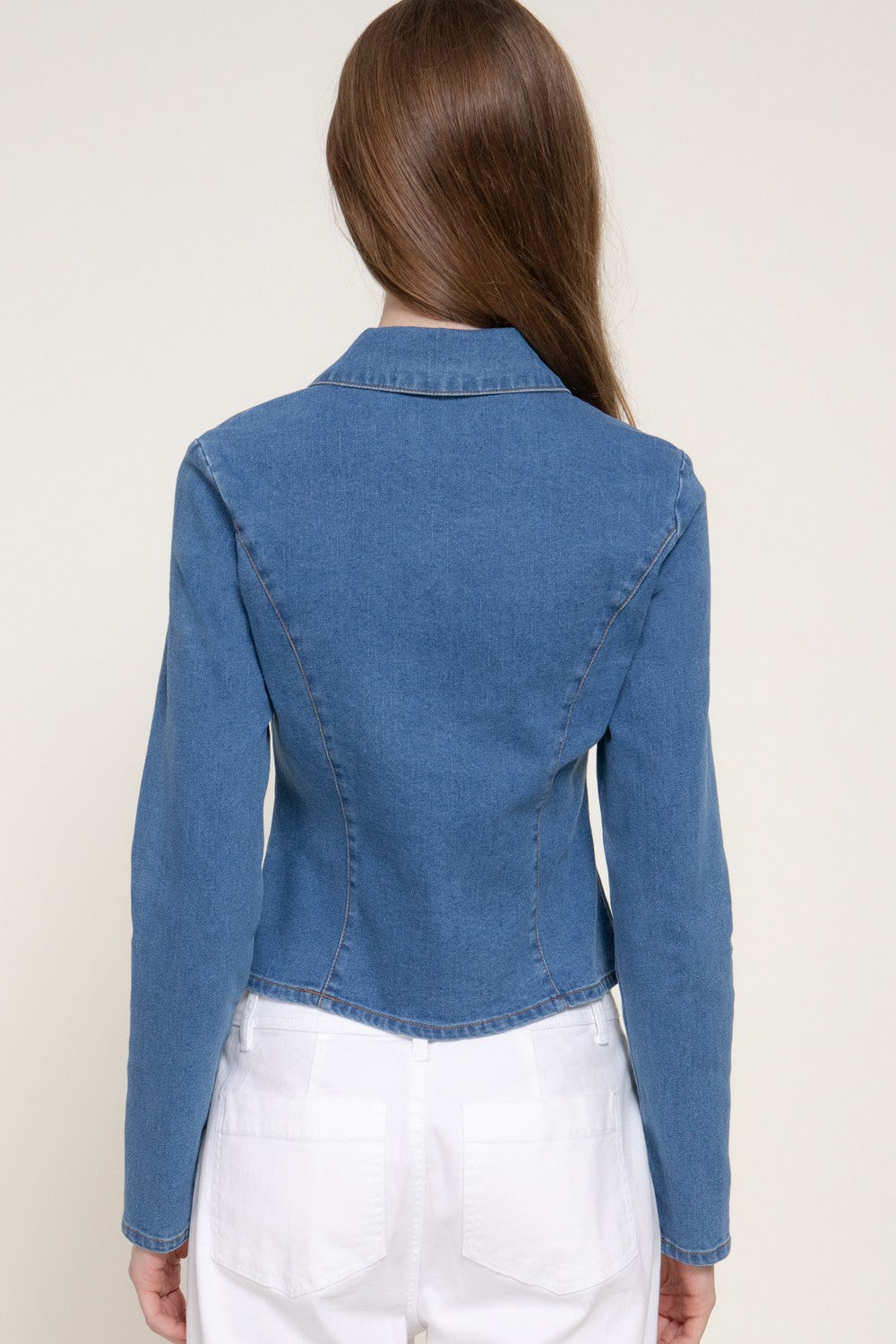 Long Slv Zip Front Stretch Denim Shacket