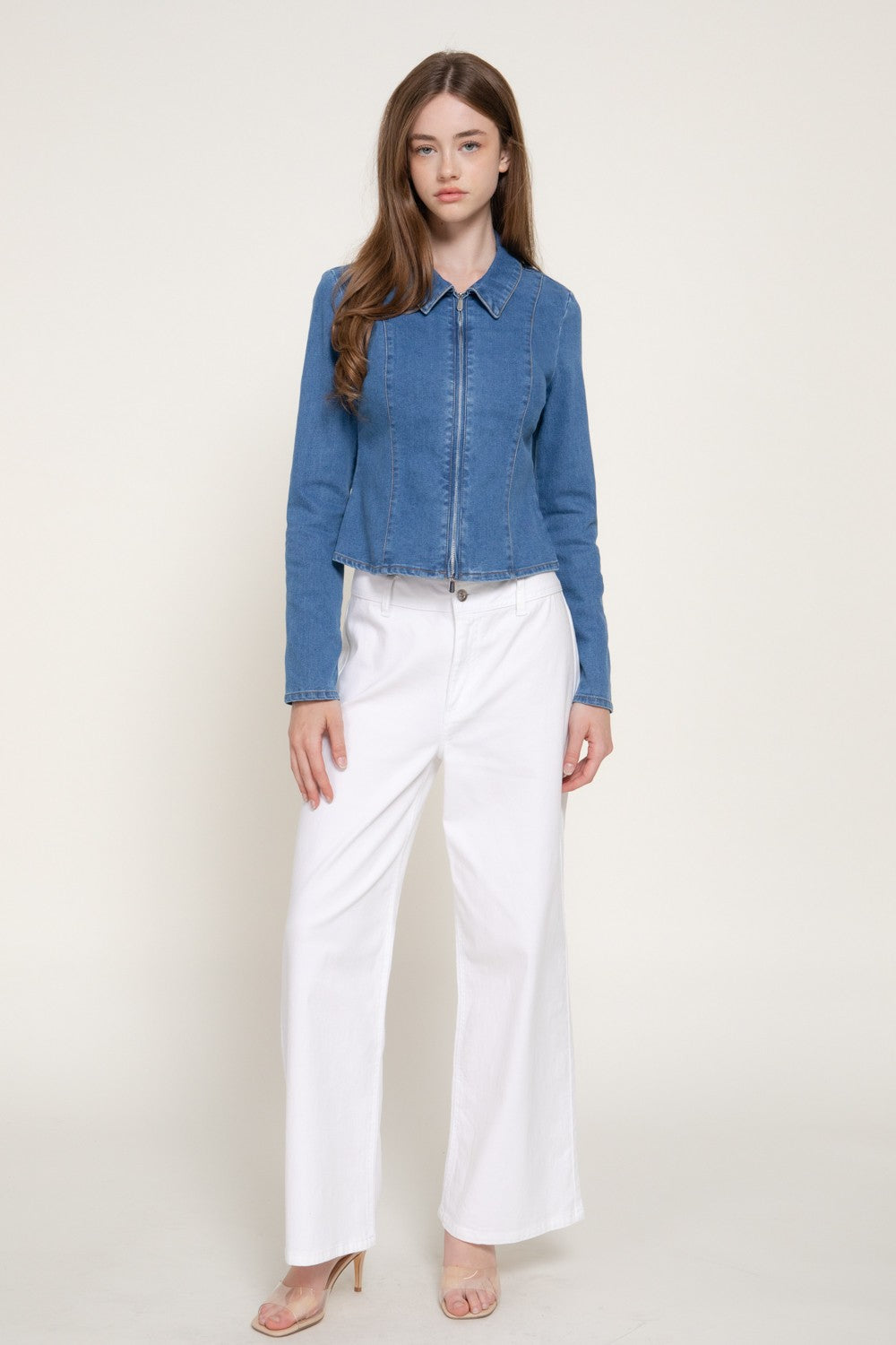 Long Slv Zip Front Stretch Denim Shacket