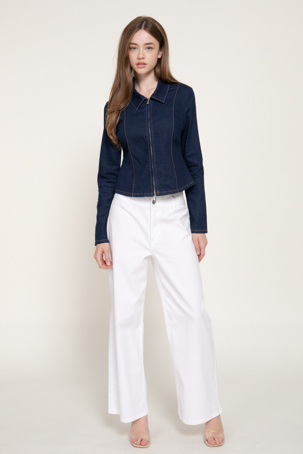 Long Slv Zip Front Stretch Denim Shacket