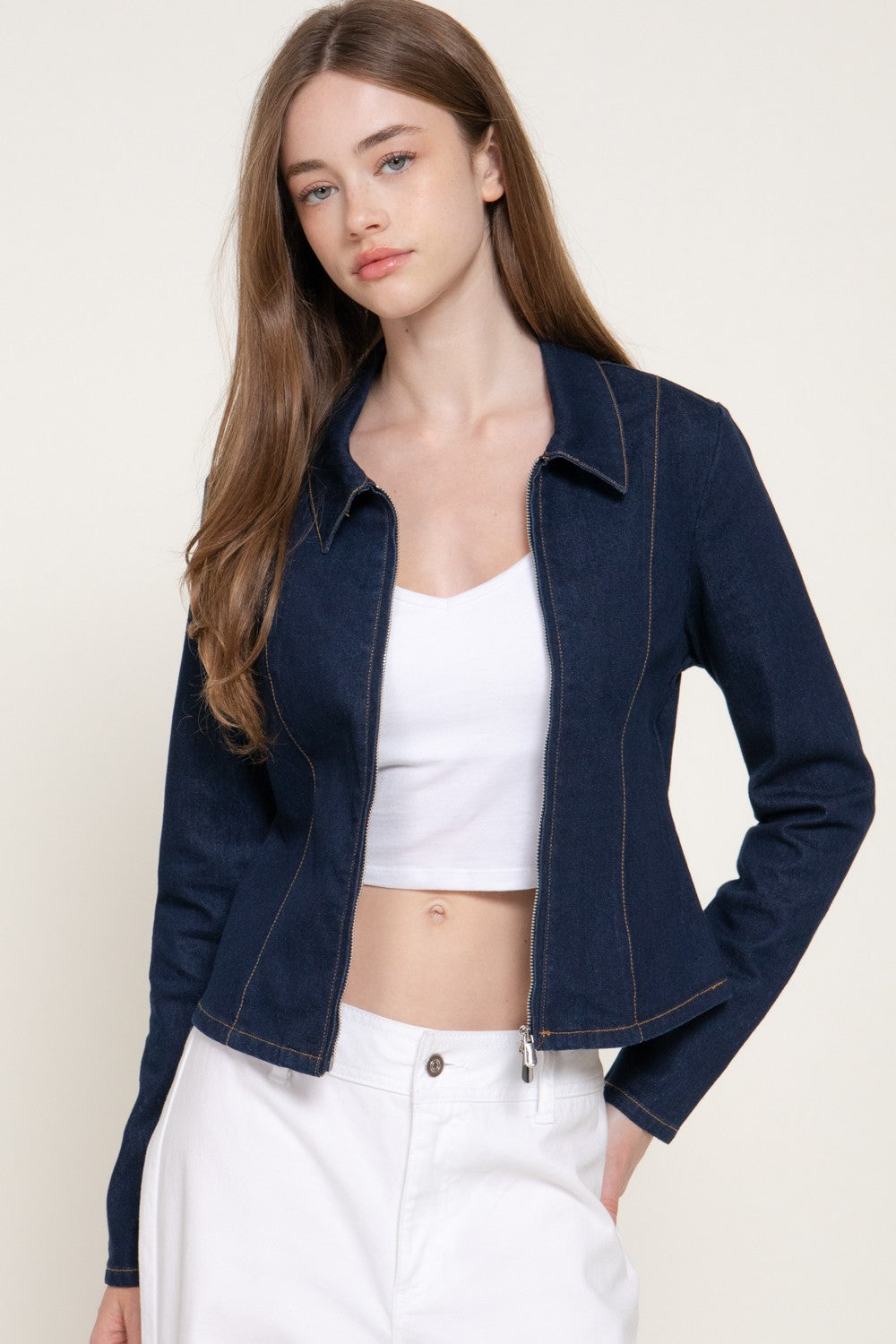 Long Slv Zip Front Stretch Denim Shacket