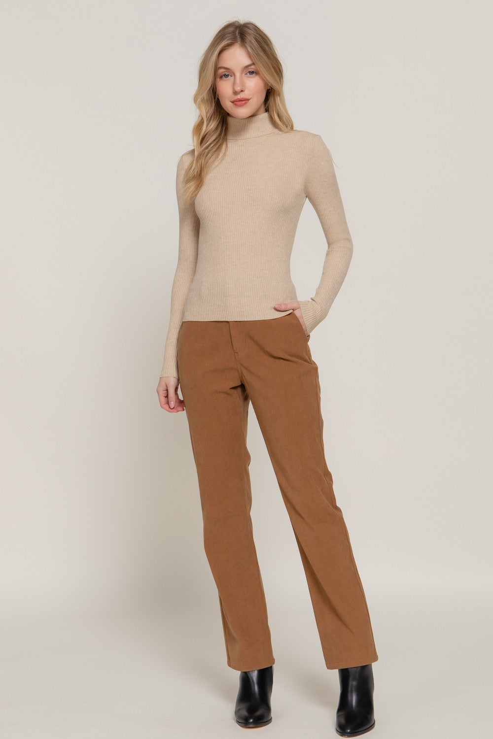 Turtle Neck Fitted Viscose Rib Sweater Top