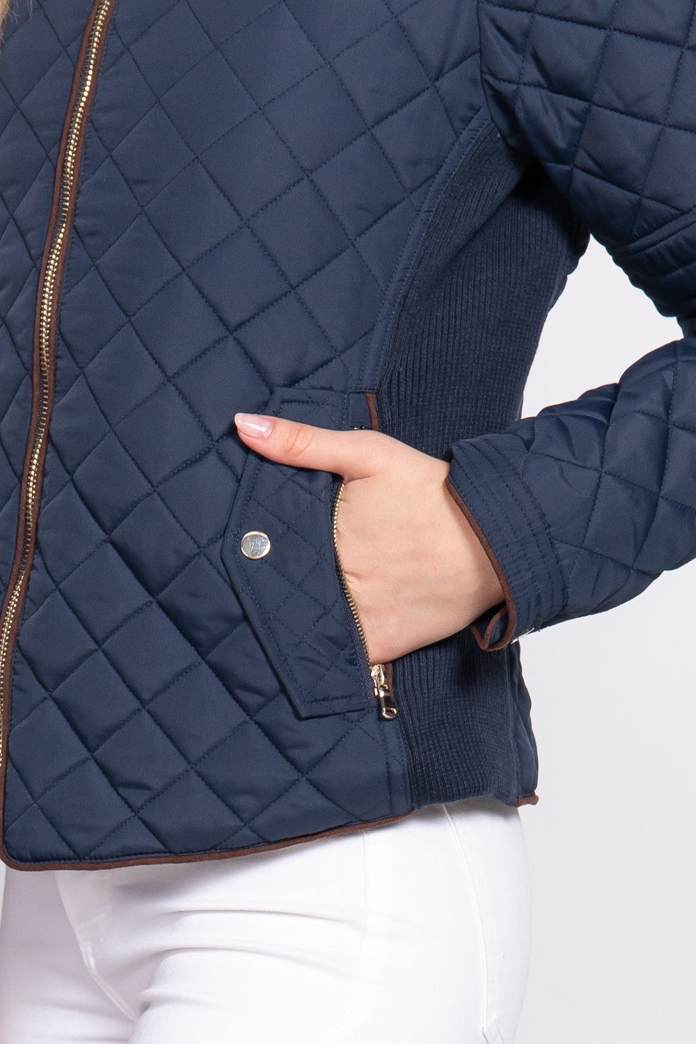 Suede Piping Detail Rib Quilted Padding Jacket