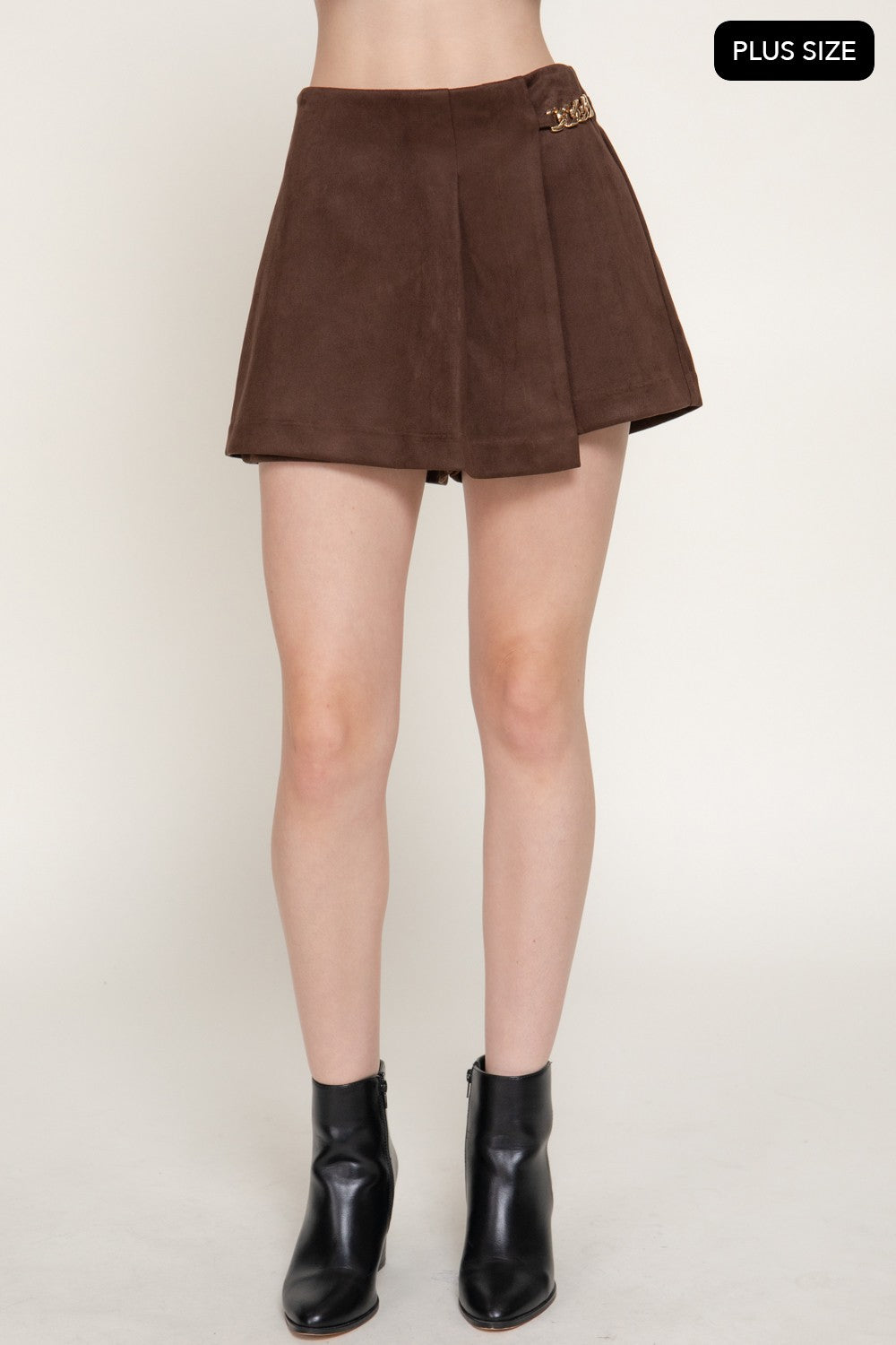 Pleated Metal Chain Faux Suede Shorts