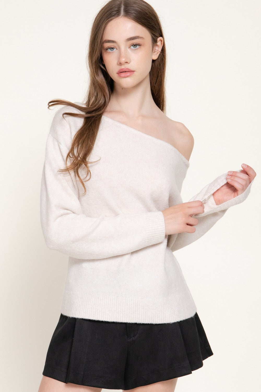 Long Slv Asymmetrical Neckline Sweater