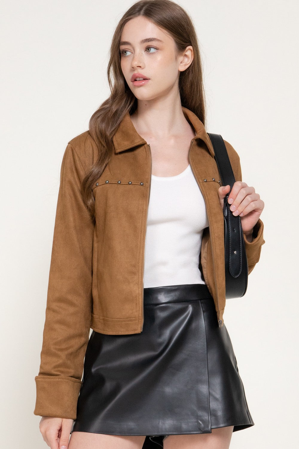 Long Slv Studded Faux Suede Jacket