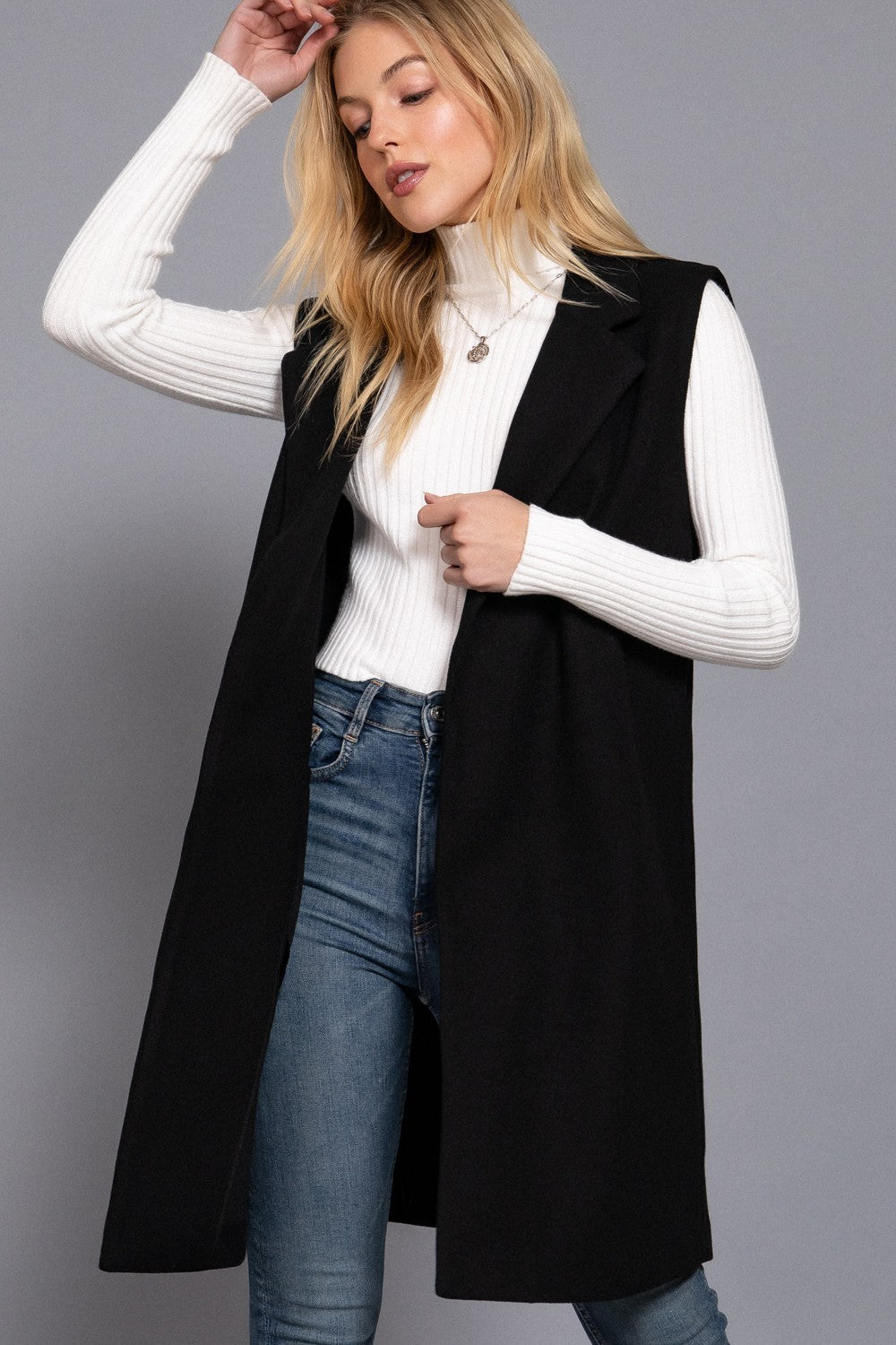Sleeveless Notched Collar Soft Open Vest