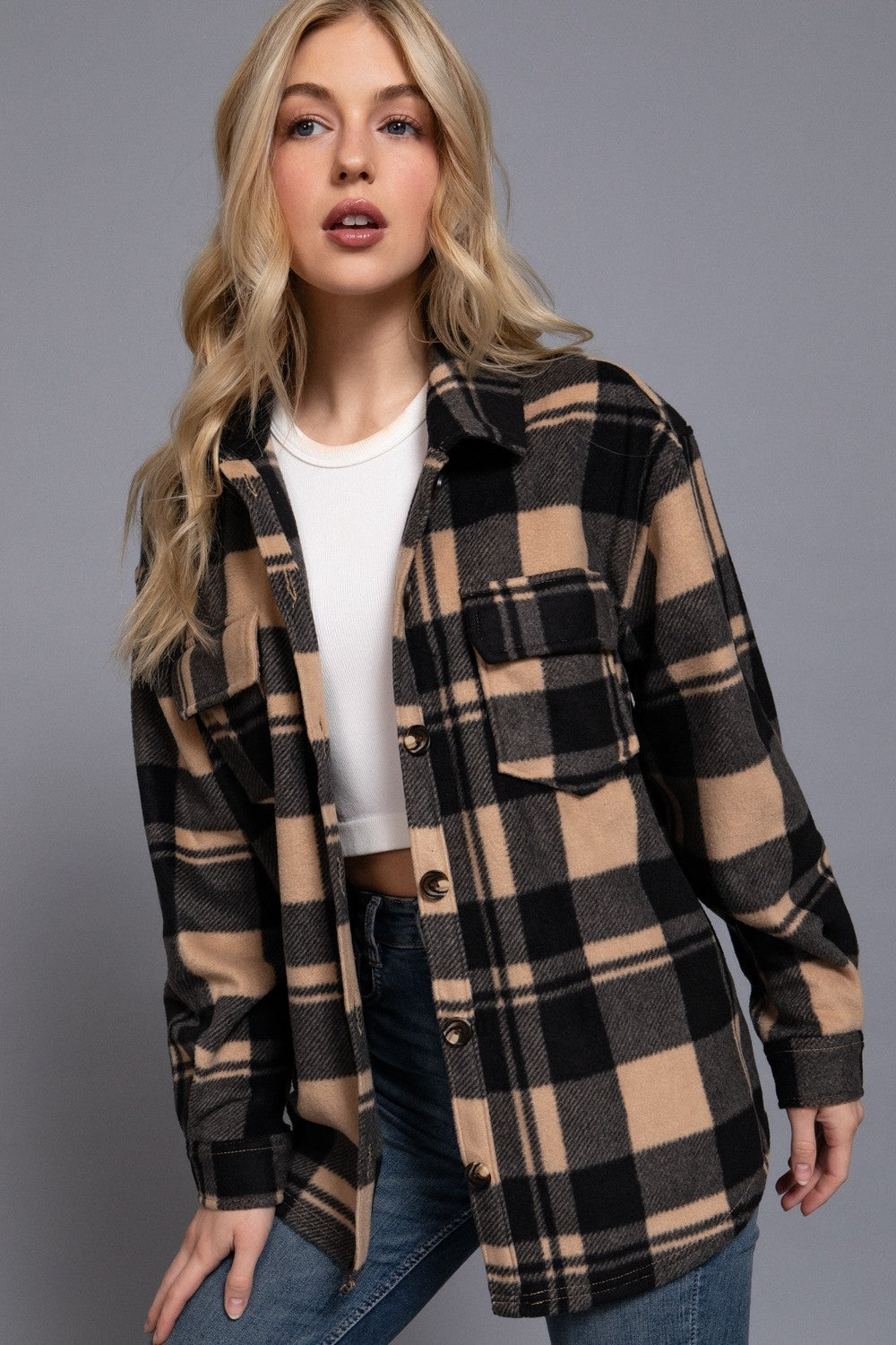 Long Slv Check Printed Fleece Shacket