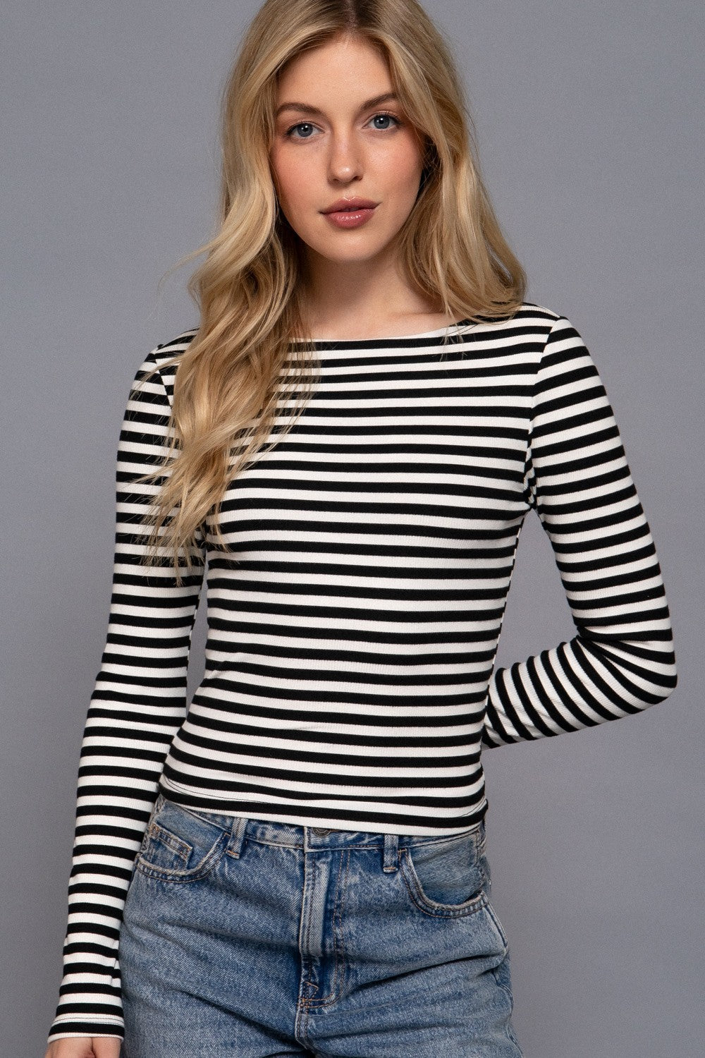 Long Slv Boat Neck Stripe Brushed Rib Top