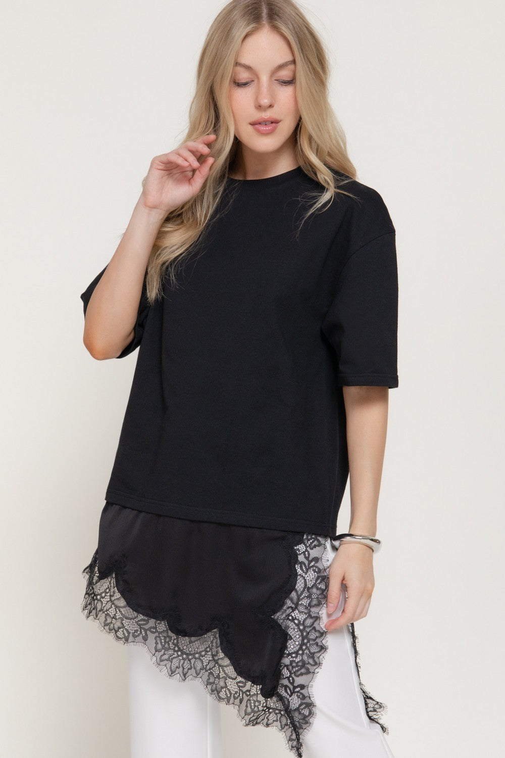 Short Slv Asymmetrical Hem Tonal Lace Knit Top
