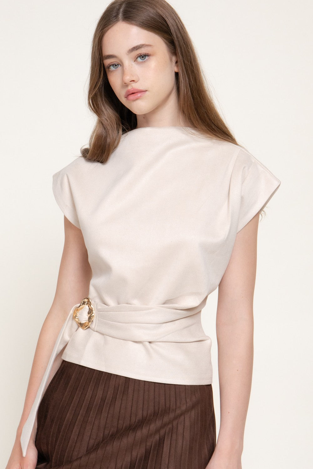 Short Slv High Neck Faux Suede Top