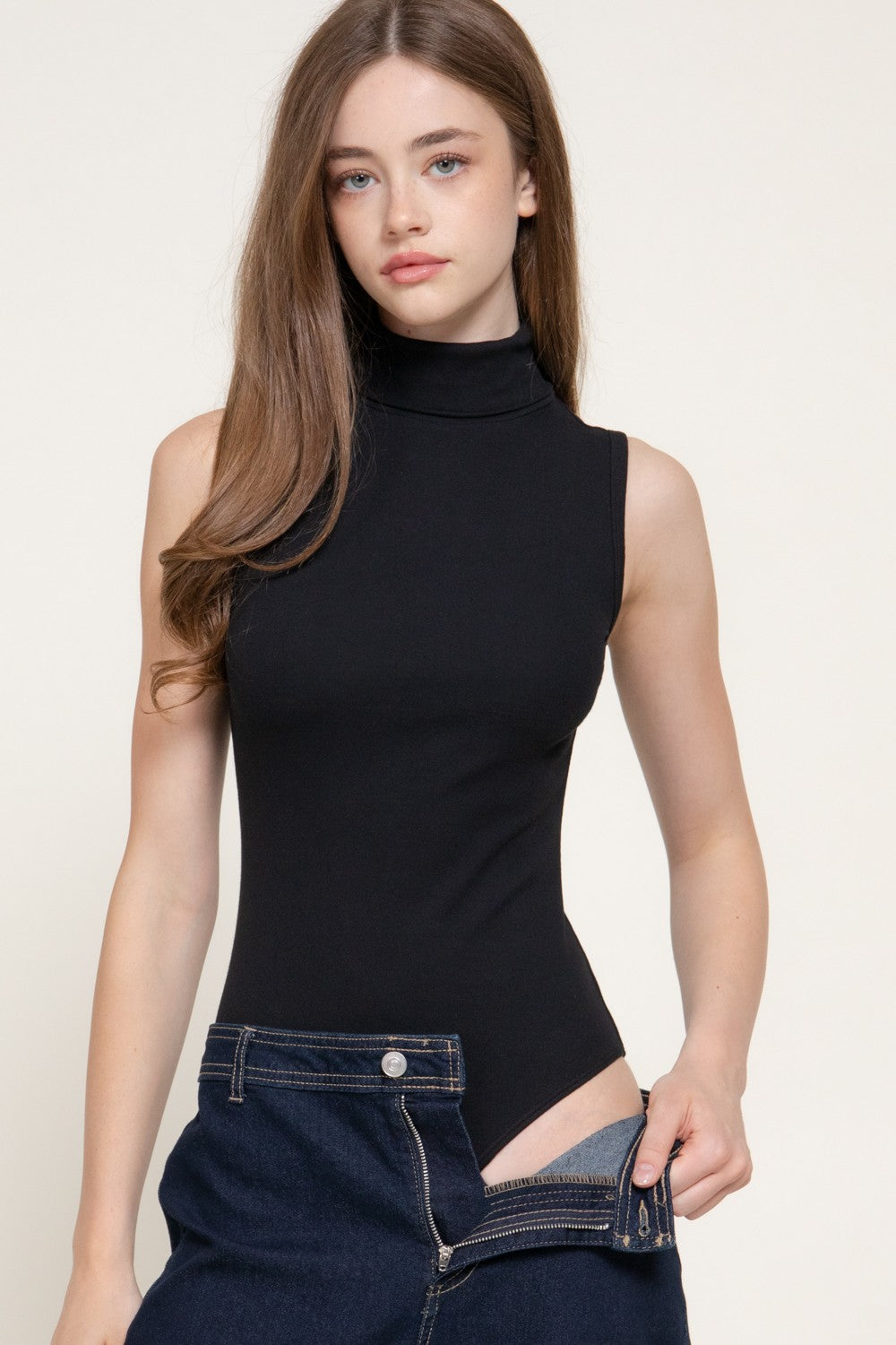 Sleeveless Turtle Neck Ribbed Knit Bodysuit