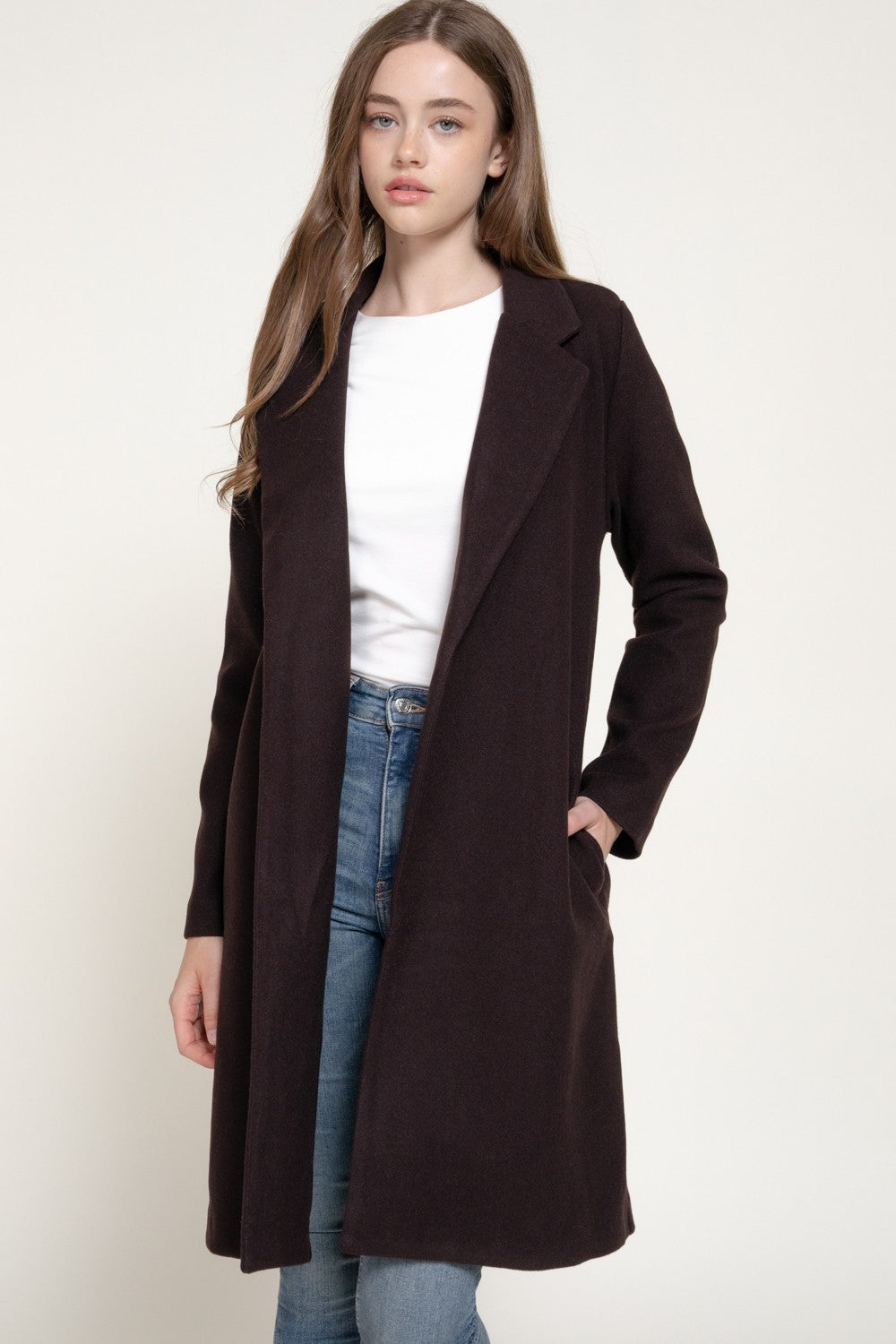 Long Slv Notched Collar Open Front Long Coat
