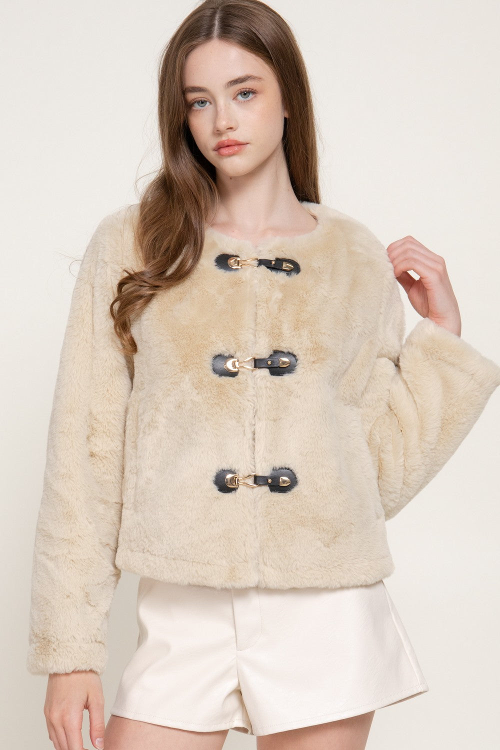 Long Slv Round Neck Toggle Faux Fur Jacket