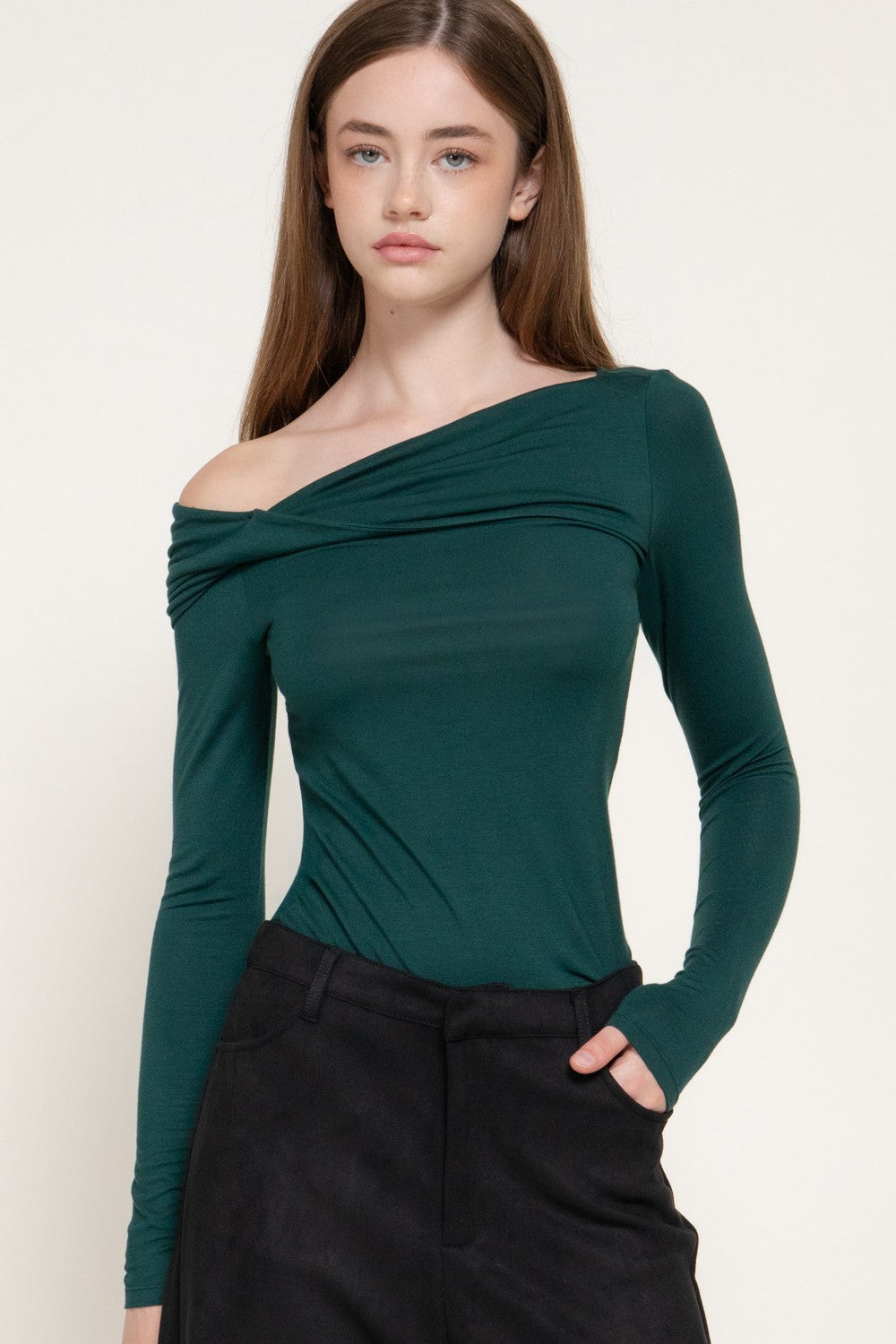 Long Slv Asymmetric Neckline Knit Top