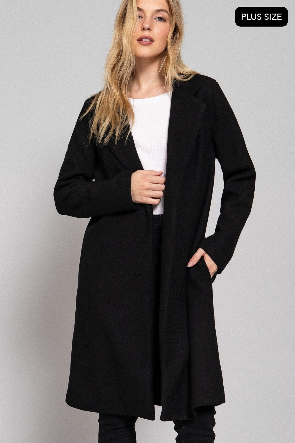 Long Slv Open Front Soft Felt Long Coat