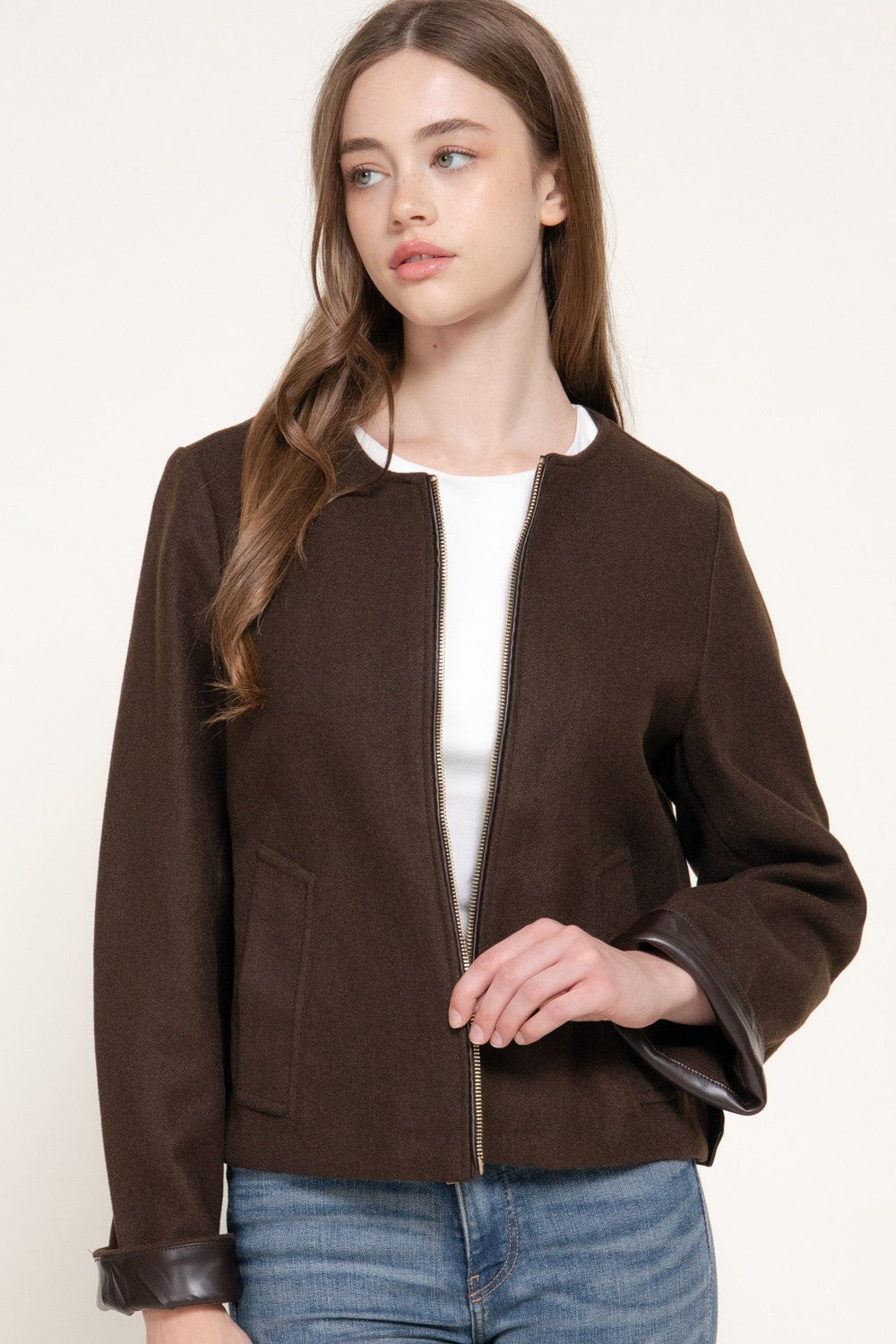 Long Slv Faux Leather Combination Felt Jacket