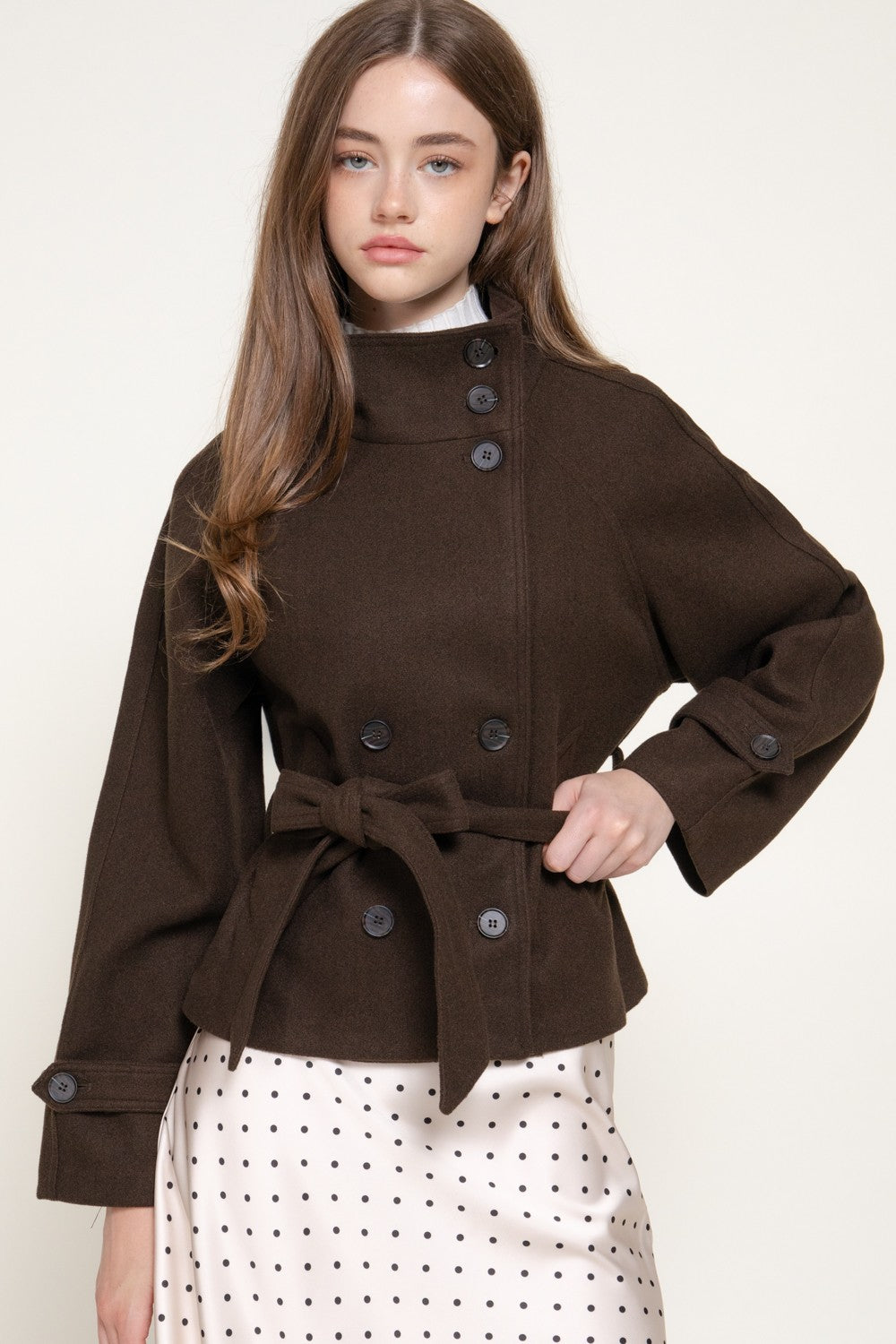 Double Breasted Button Belted Felt Jacket