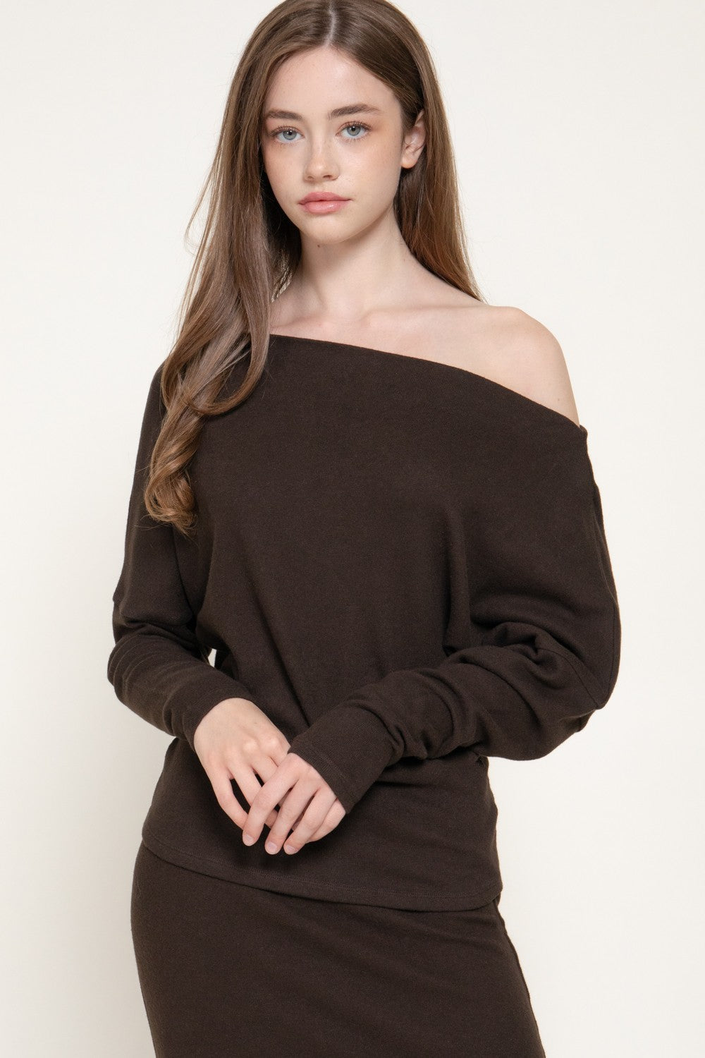 Long Dolman Slv Wide Boat Neck Brushed Knit Top