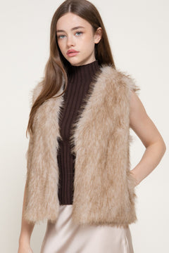 V-neck Two Tone Faux Fur Vest