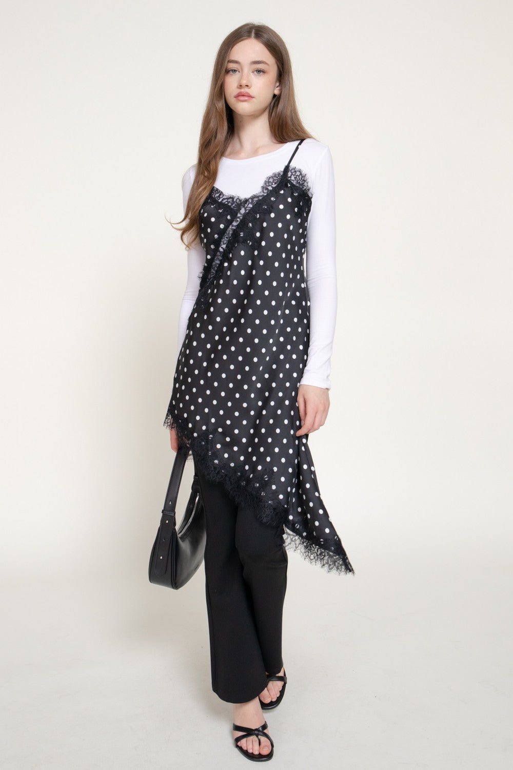Asymmetric Dot Print Satin Dress